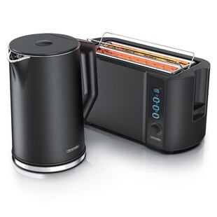 Arendo 2-teiliges Frühstücks-Set, Edelstahl Wasserkocher ELEGANT 1,5l, 4-Scheiben Langschlitztoaster, Schwarz 