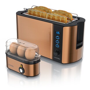 Arendo Frühstücks-Set 2-teilig, 4 Scheiben Langschlitz-Toaster 1500W, 3er Eierkocher, Kupfer 