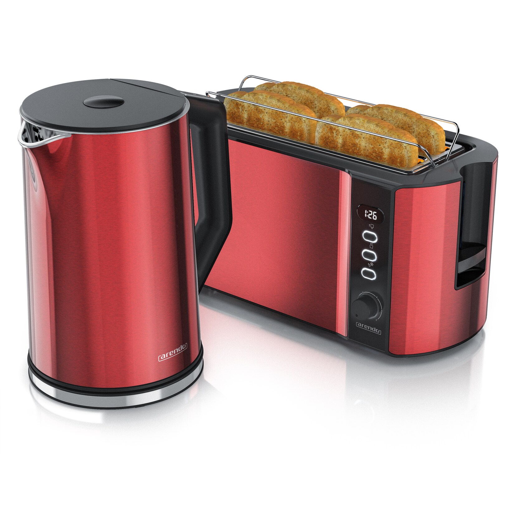 Arendo Frühstücks-Set 2-teilig, 4-Scheiben Langschlitztoaster + Wasserkocher 1,5 Liter, Rot