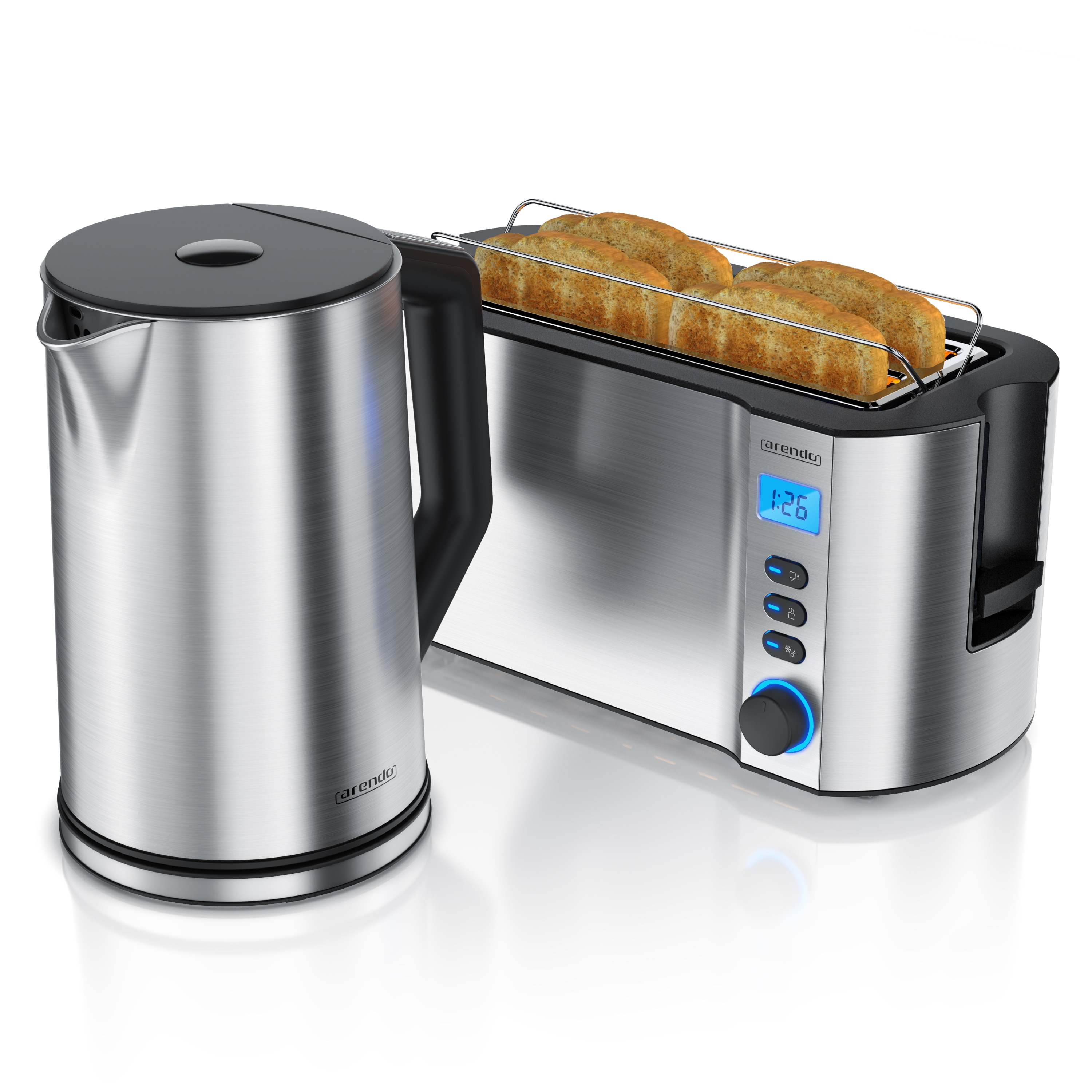 Arendo Fr&uuml;hst&uuml;cksset 2-teilig, 4-Scheiben Langschlitztoaster MANHA + Edelstahl Wasserkocher 1,5l, Silber 