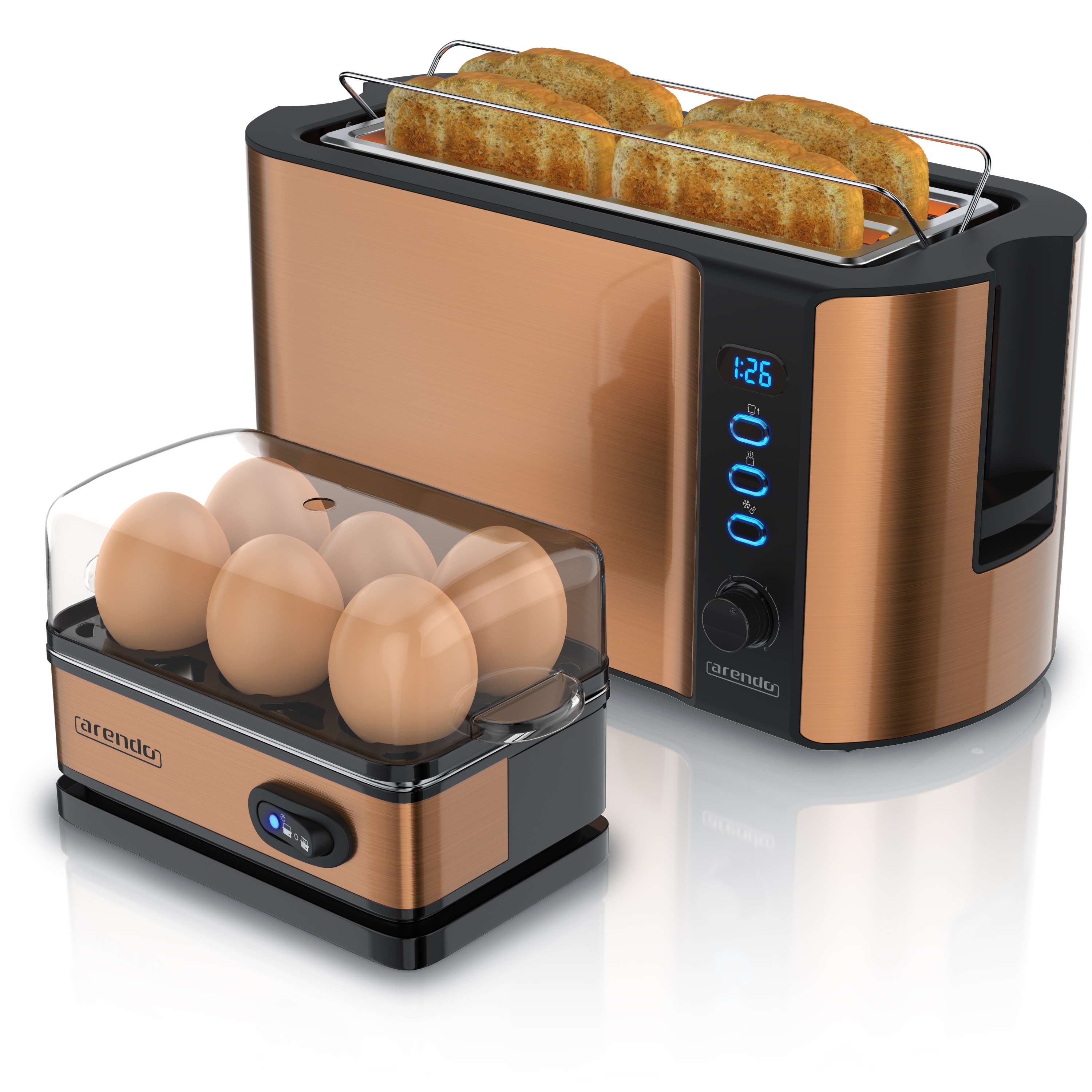 Arendo Fr&uuml;hst&uuml;cks-Set 2-teilig, 4-Scheiben Langschlitztoaster, 6er Eierkocher, Kupfer 