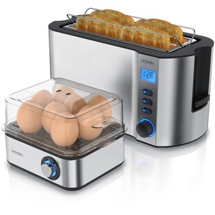 Arendo Frühstücksset 2-teilig, 4-Scheiben Langschlitztoaster, 8er Eierkocher, Silber 