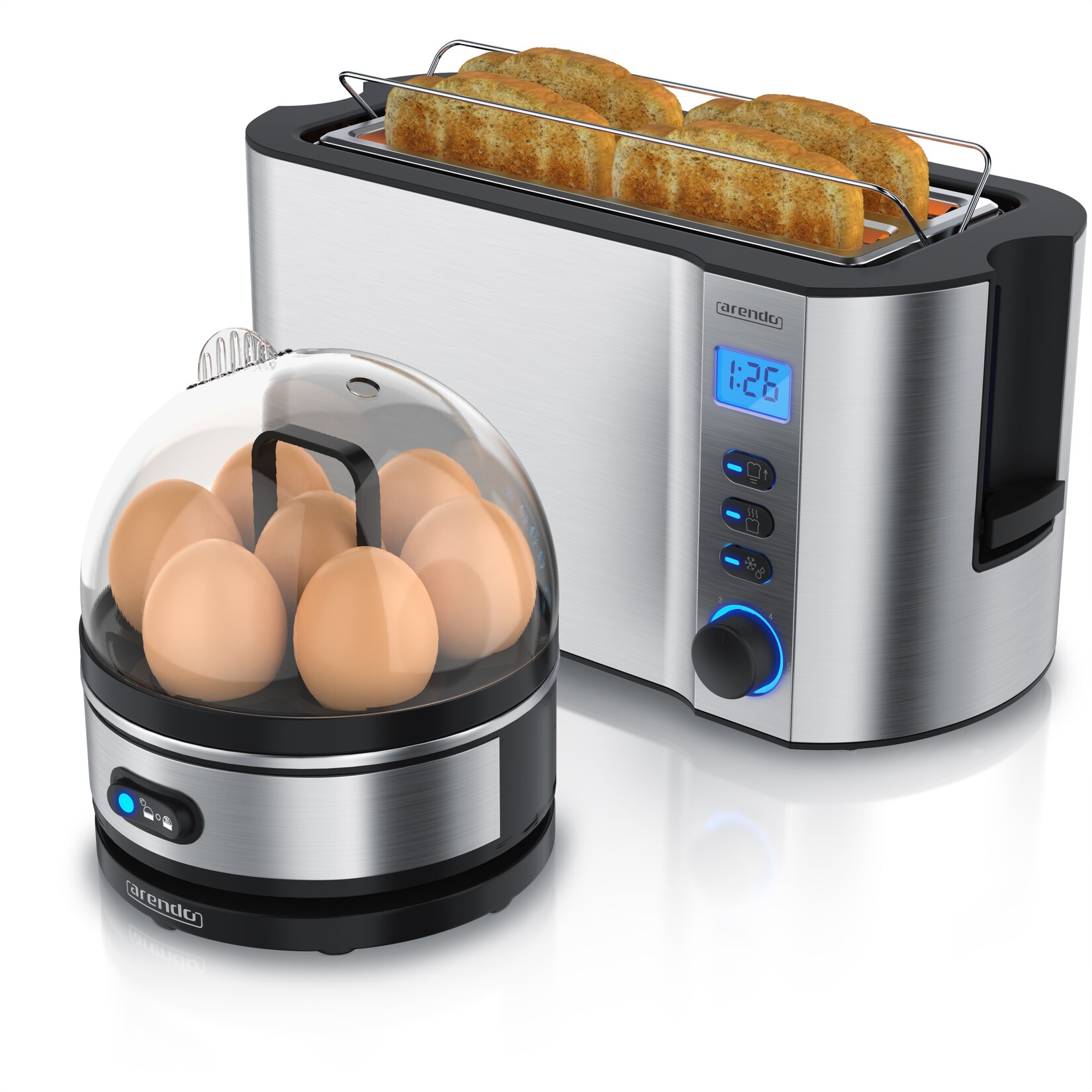 Arendo Frühstücksset 2-teilig, Eierkocher SEVENCOOK, 4-Scheiben Langschlitztoaster, Silber