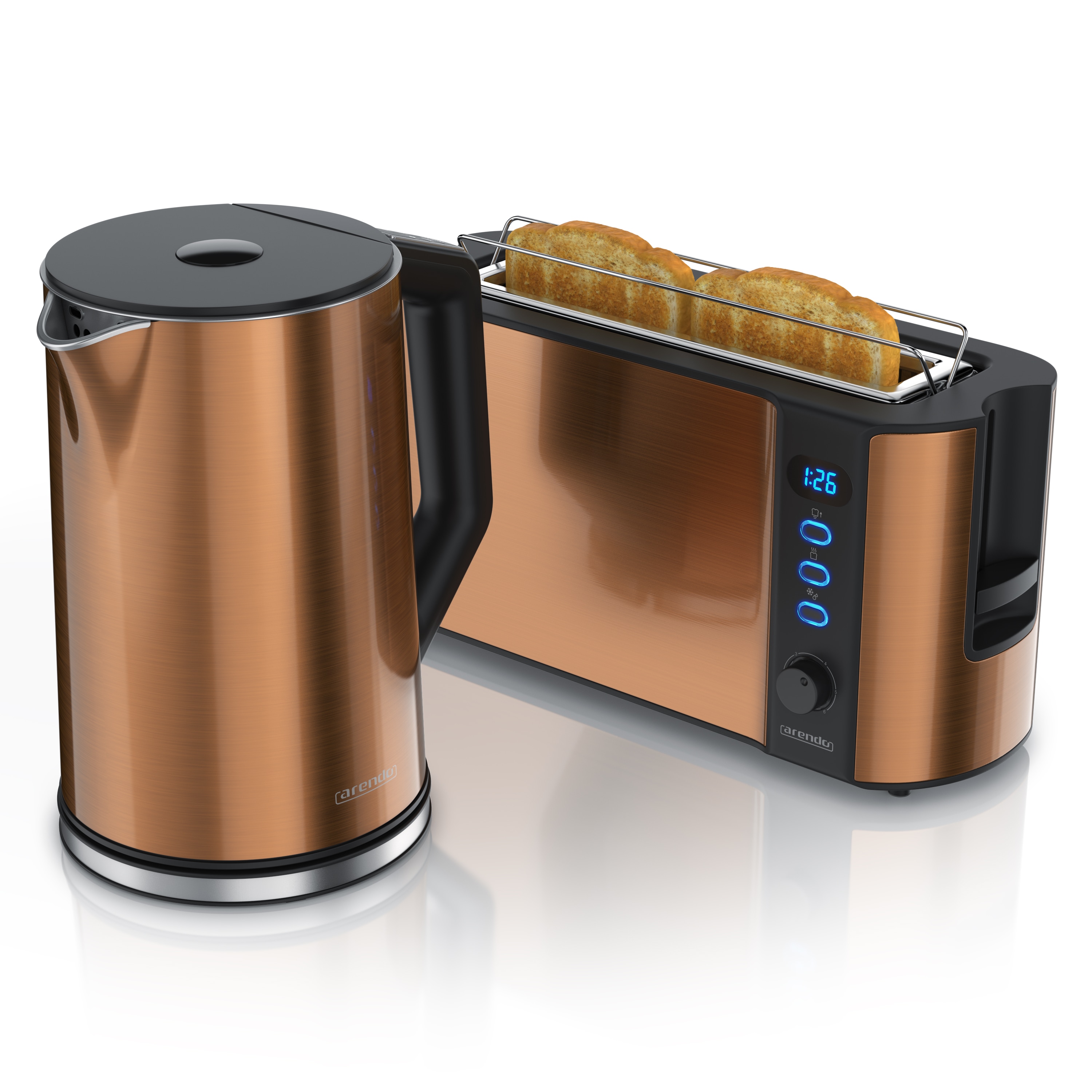 Arendo Fr&uuml;hst&uuml;cksset 2-teilig, Langschlitztoaster f&uuml;r 2 Scheiben, Wasserkocher Edelstahl 1,5 Liter, Kupfer 