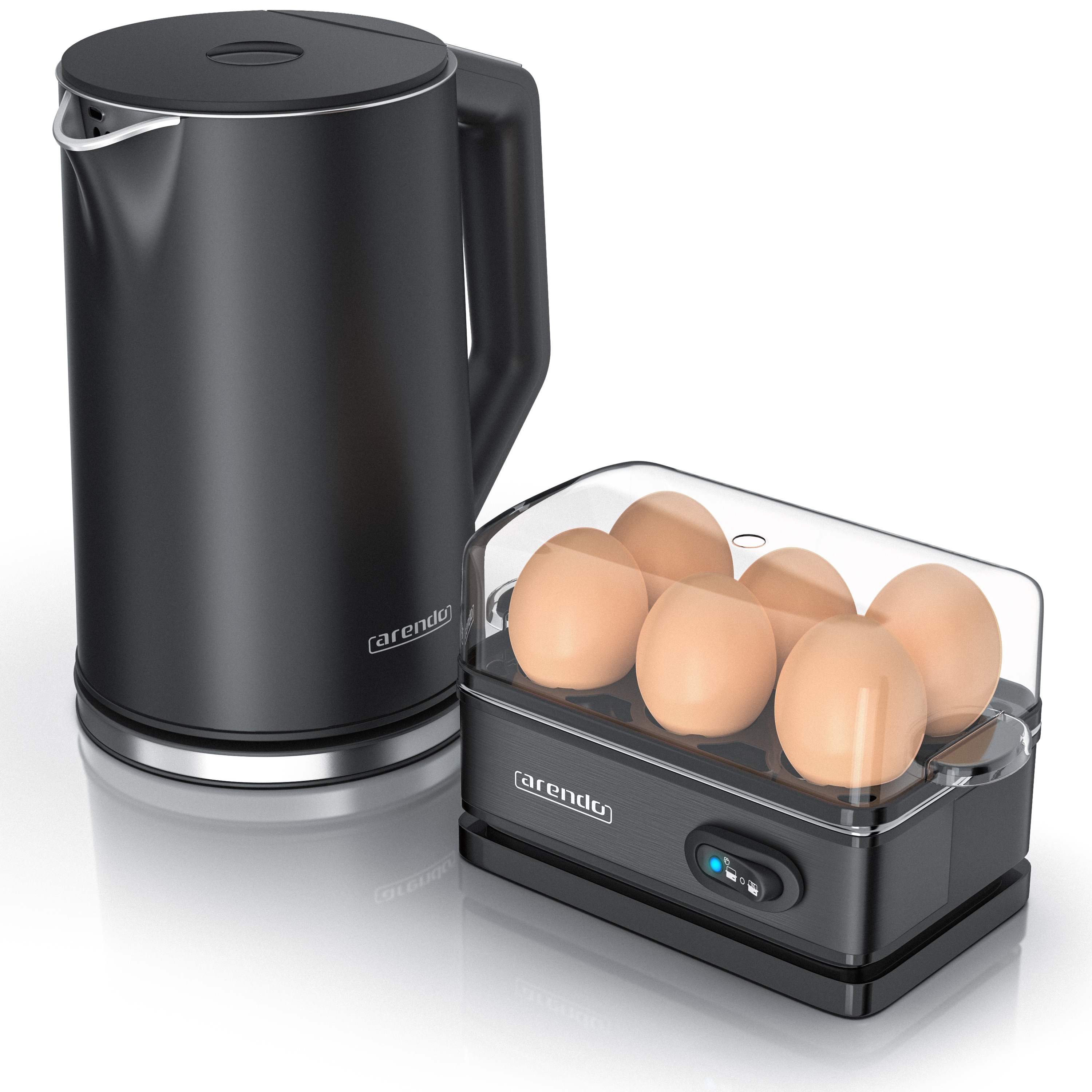 Arendo Fr&uuml;hst&uuml;cks-Set Edelstahl Wasserkocher 1,5l, 6er Eierkocher, Schwarz 