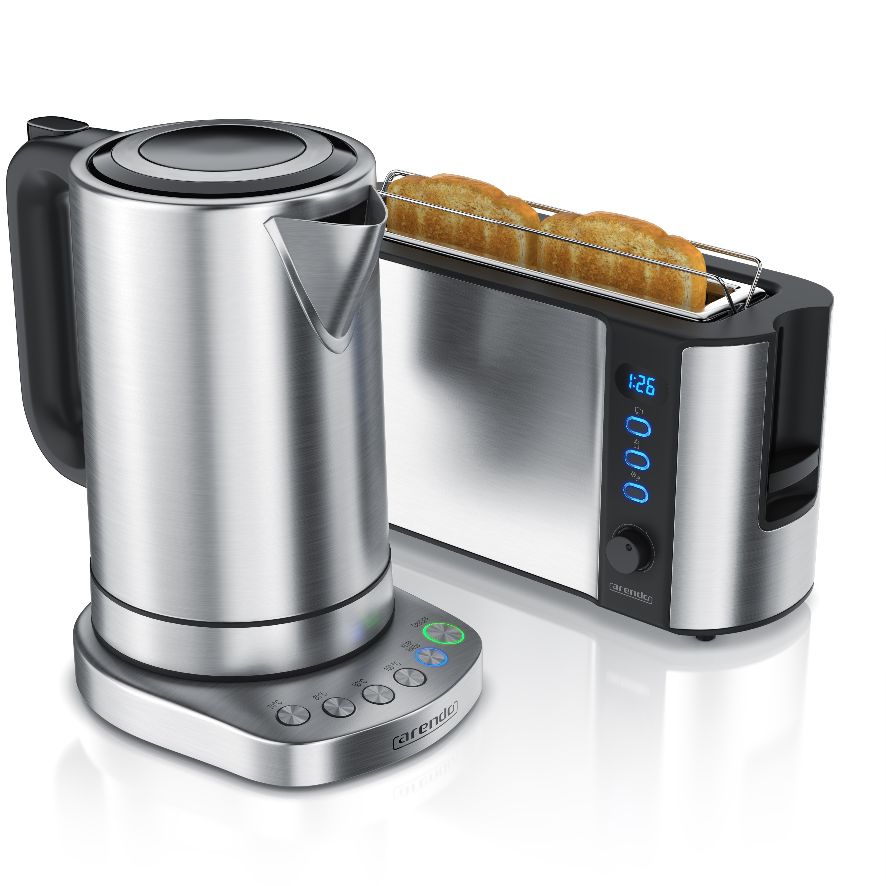 Arendo Fr&uuml;hst&uuml;cks-Set in Edelstahl Design - Wasserkocher mit Temperaturauswahl & Toaster 
