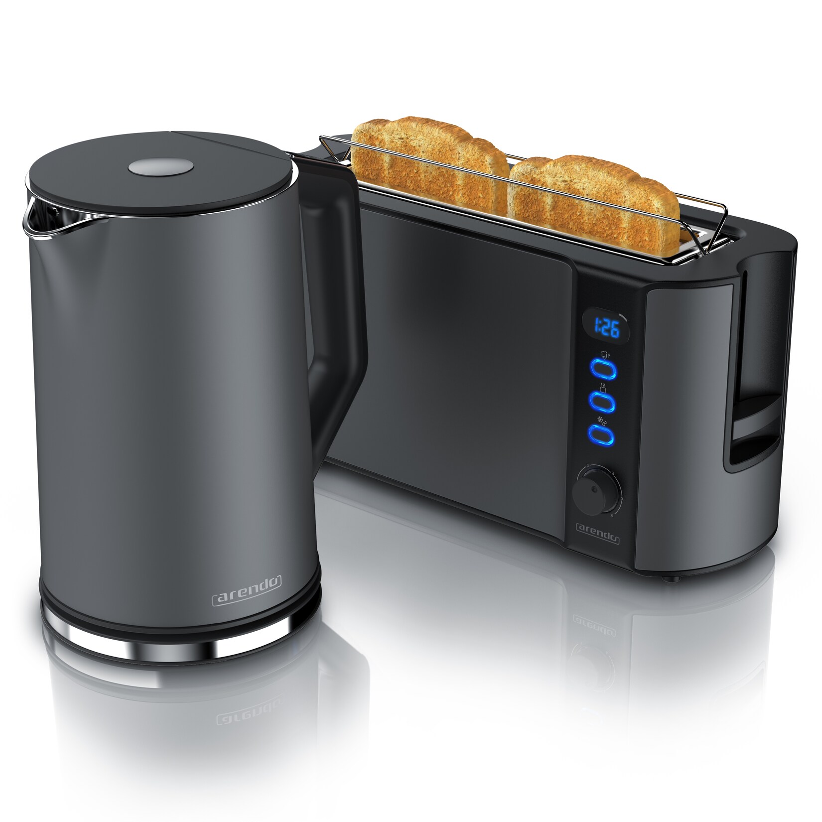 Arendo Frühstücks-Set, 1,5L Edelstahl Wasserkocher & 2-Scheiben Langschlitz Toaster, Grau