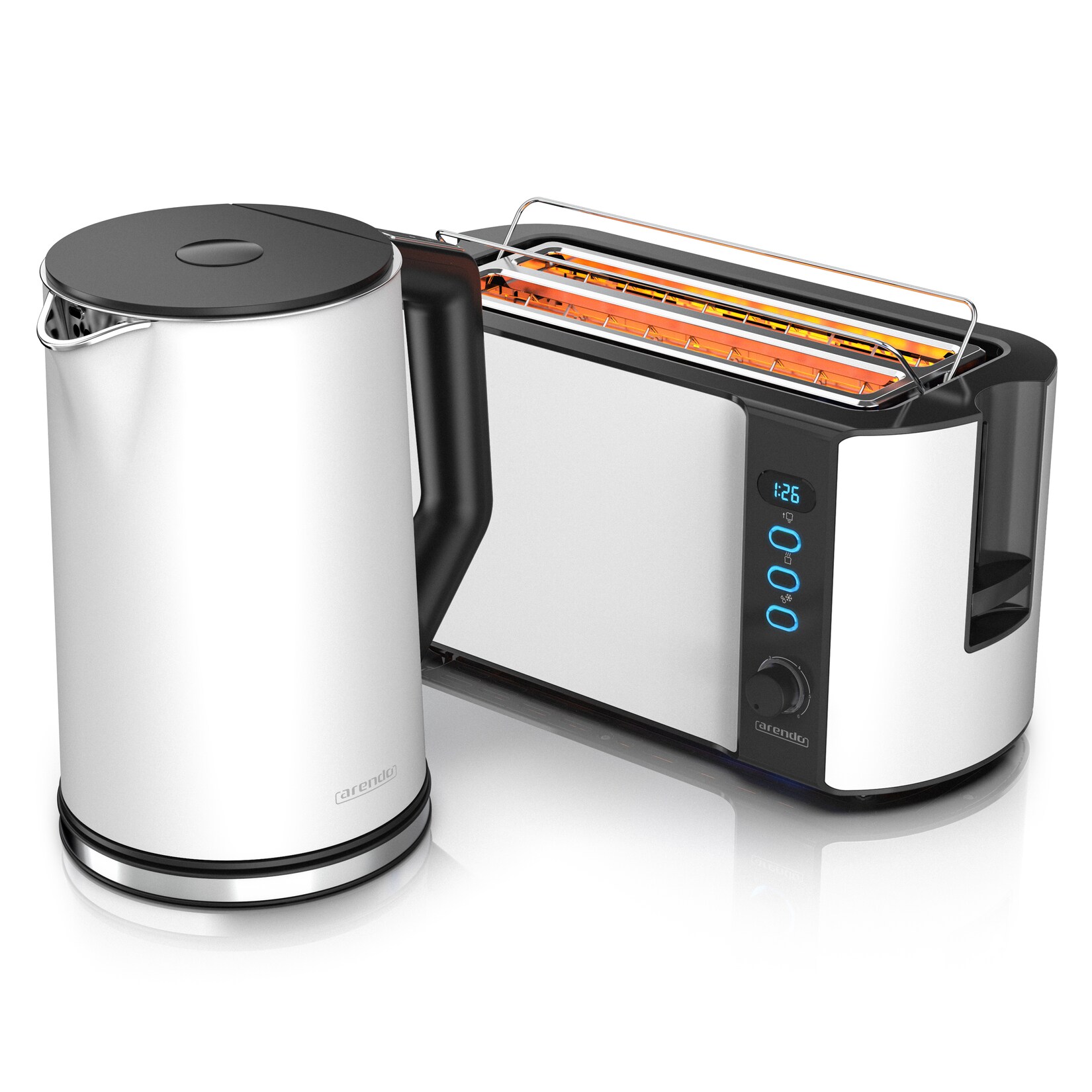 Arendo Frühstücksset, 1,5L Wasserkocher, Langschlitz Toaster 4-Scheiben, Weiß