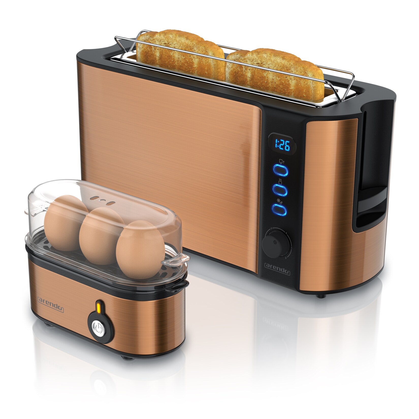 Arendo Frühstücksset, 2-Scheiben Langschlitztoaster, Eierkocher THREECOOK, Kupfer