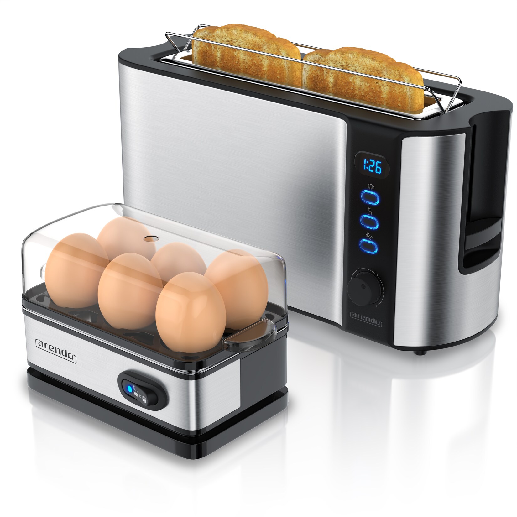 Arendo Frühstücks-Set, 6er Eierkocher + 2-Scheiben Langschlitz Toaster FRUKOST, Silber