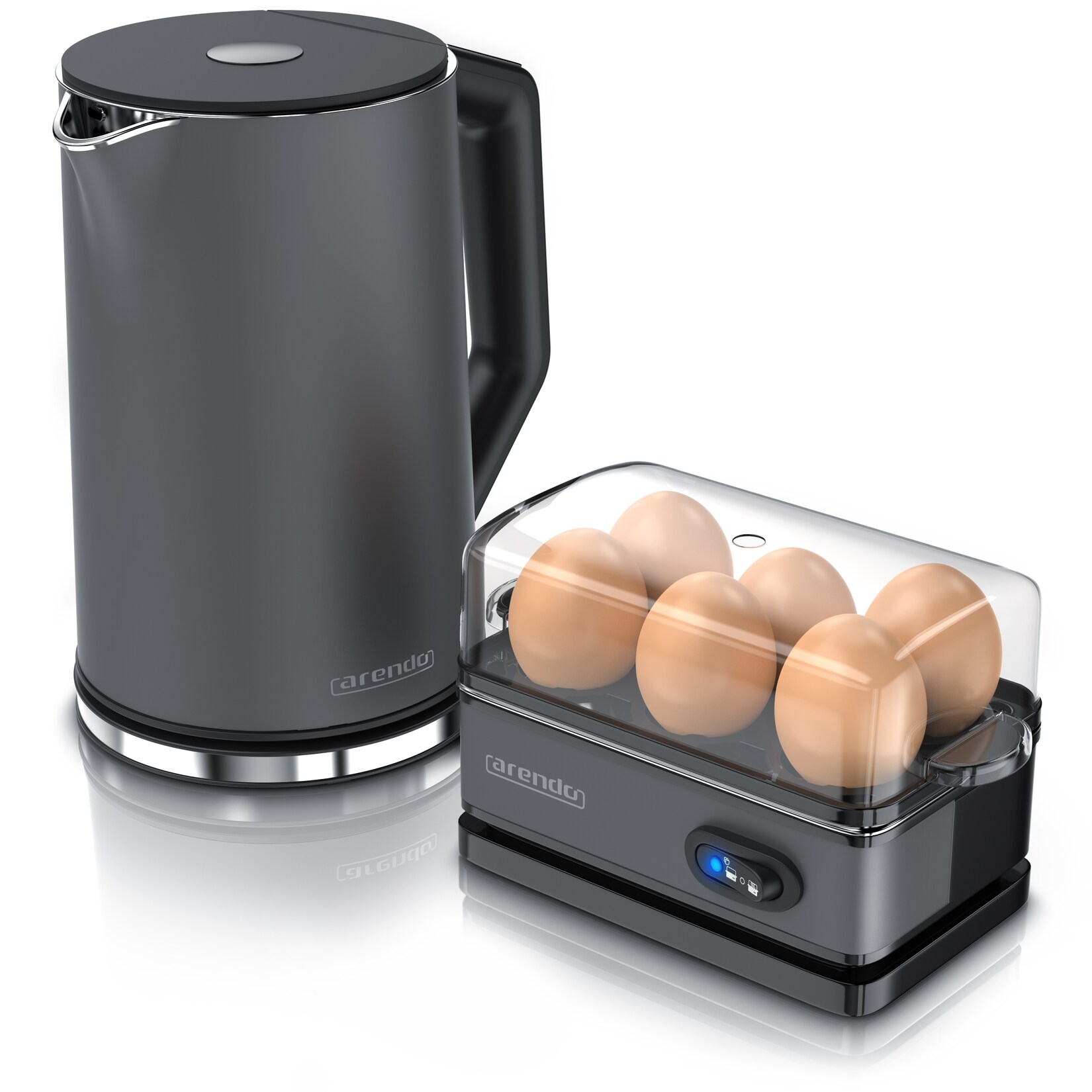 Arendo Frühstücksset, 6er Eierkocher SIXCOOK, 1,5L Edelstahl Wasserkocher, Grau