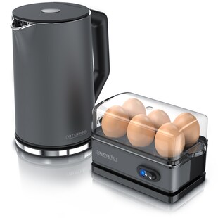 Arendo Frühstücksset, 6er Eierkocher SIXCOOK, 1,5L Edelstahl Wasserkocher, Grau 