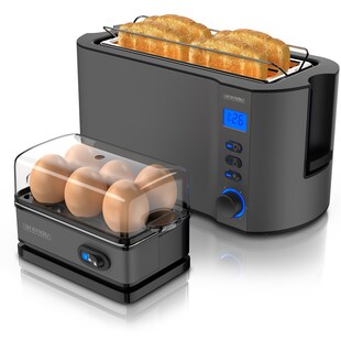 Arendo Frühstücks-Set, 6er Eierkocher SIXCOOK, Langschlitztoaster 4-Scheiben, Grau 