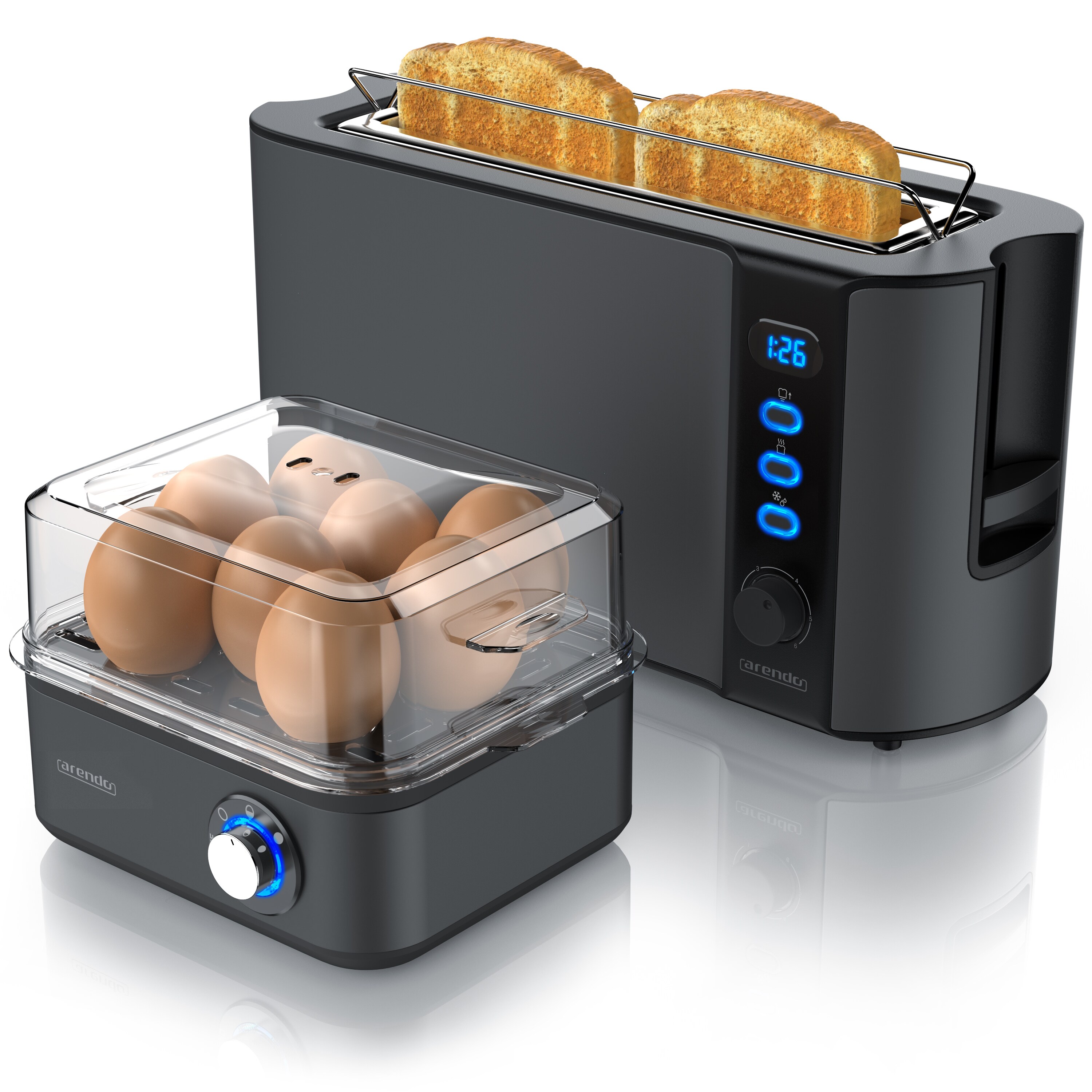 Arendo Fr&uuml;hst&uuml;cks-Set, Eierkocher EIGHTCOOK, 2-Scheiben Langschlitz Toaster, Grau 