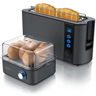 Arendo Frühstücks-Set, Eierkocher EIGHTCOOK, 2-Scheiben Langschlitz Toaster, Grau 