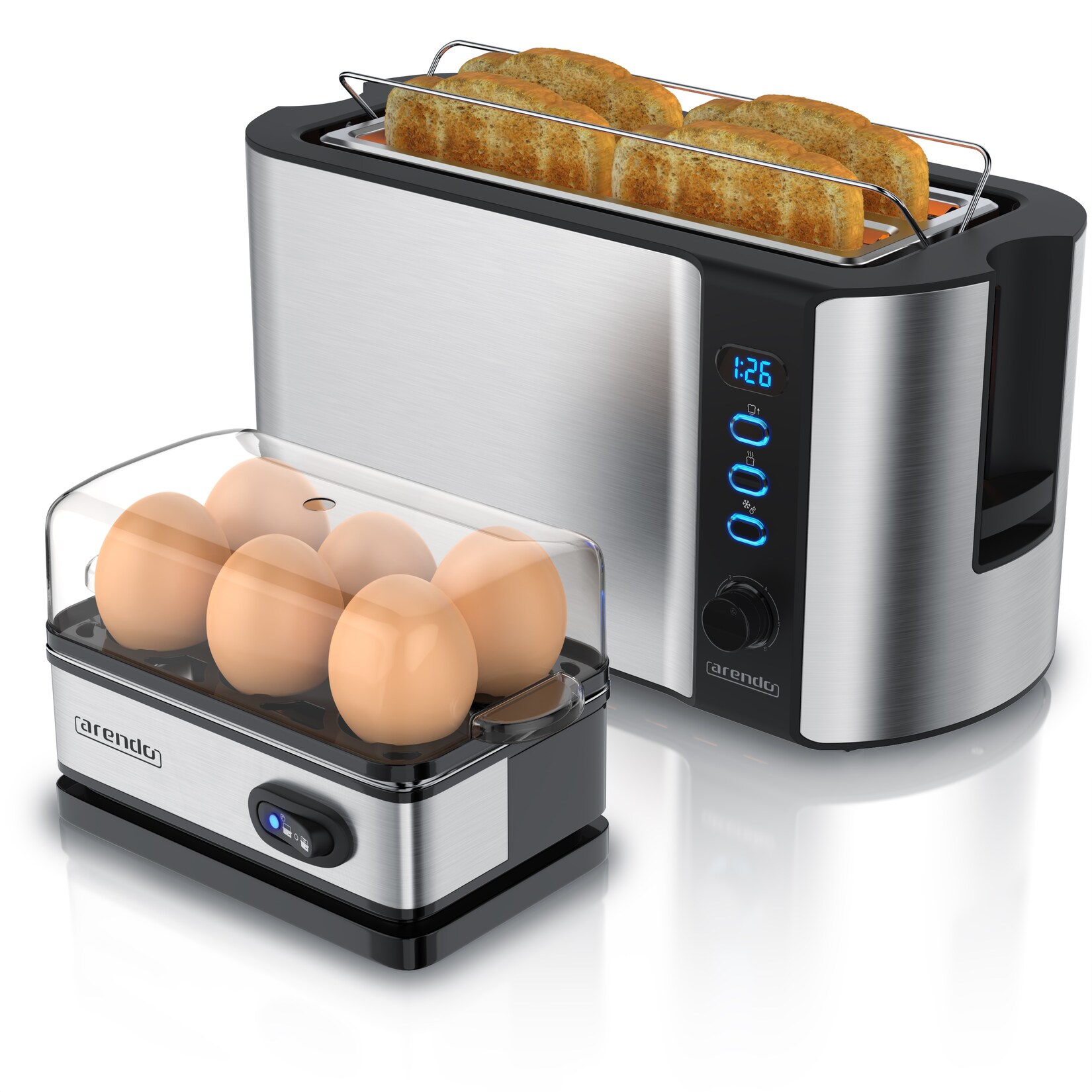 Arendo Frühstücksset, Langschlitz Toaster 4 Scheiben, Eierkocher für 6 Eier, Silber