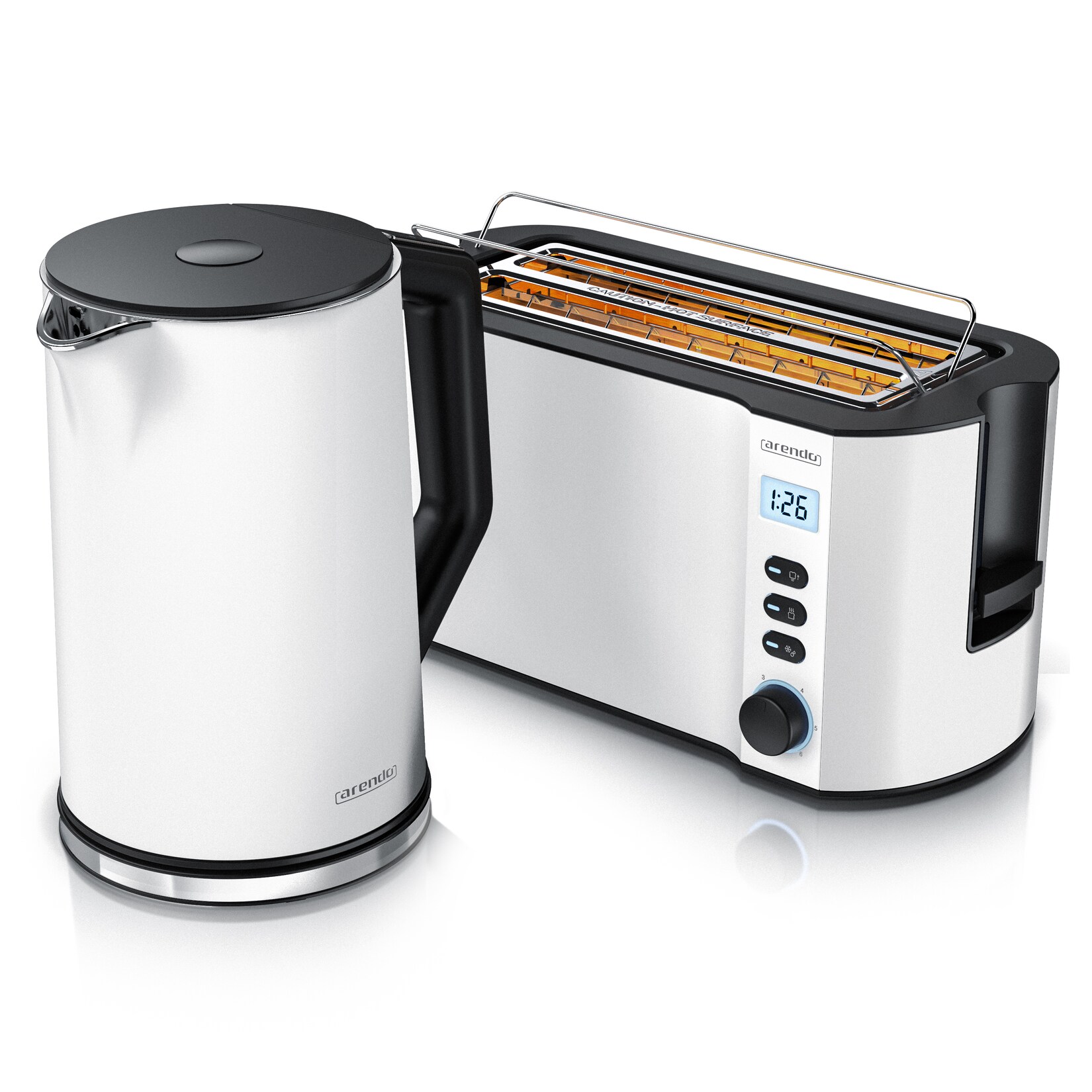 Arendo Frühstücks-Set, Wasserkocher 1,5L mit Temperatureinstellung, 4-Scheiben Toaster Langschlitz, Weiß