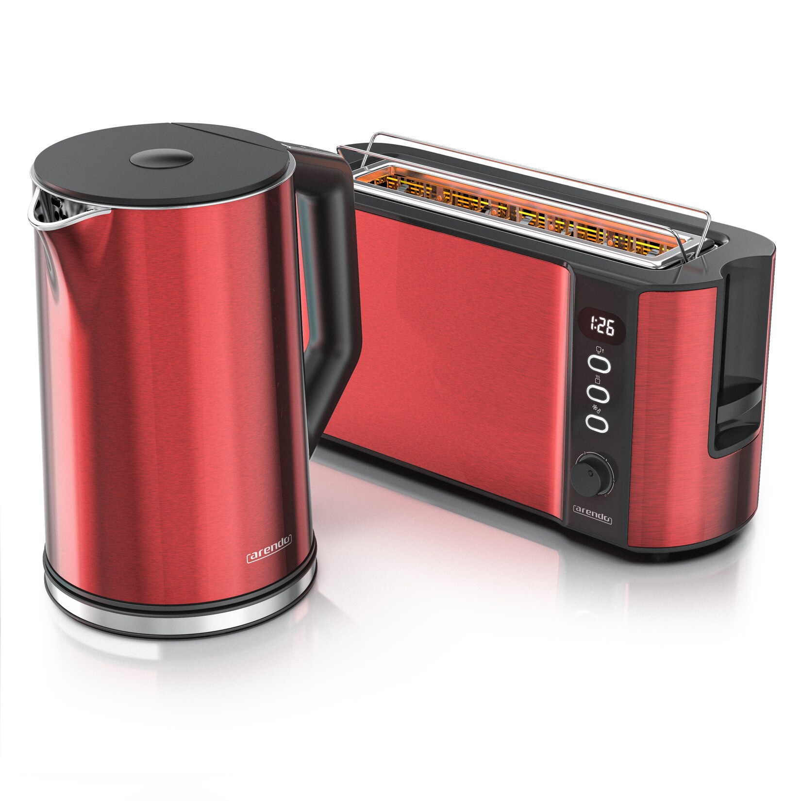 Arendo Frühstücksset, Wasserkocher ELEGANT 1,5L, 2 Scheiben Toaster Langschlitz, Rot