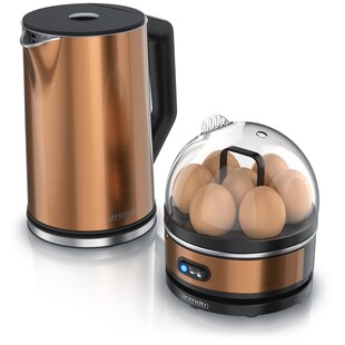 Arendo Frühstücksset, Wasserkocher ELEGANT mit Eierkocher SEVENCOOK Edelstahl Kupfer, Wasserkocher 1,5L, Eierkocher 1-7 Eier, Messbecher 