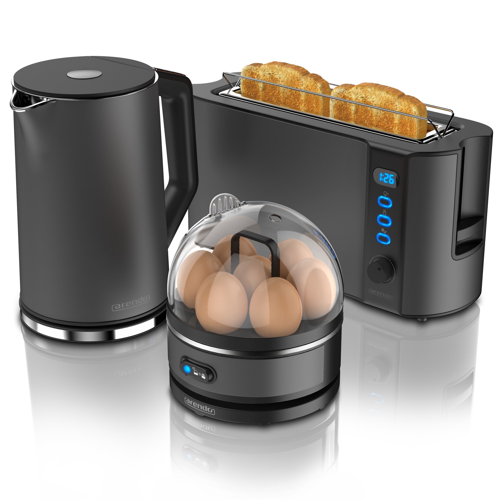Arendo - Wasserkocher mit Toaster und Eierkocher SET Edelstahl Grau Wasserkocher 1,5L 40° - 100°C, Toaster 2 Scheiben LED-Display 6 …