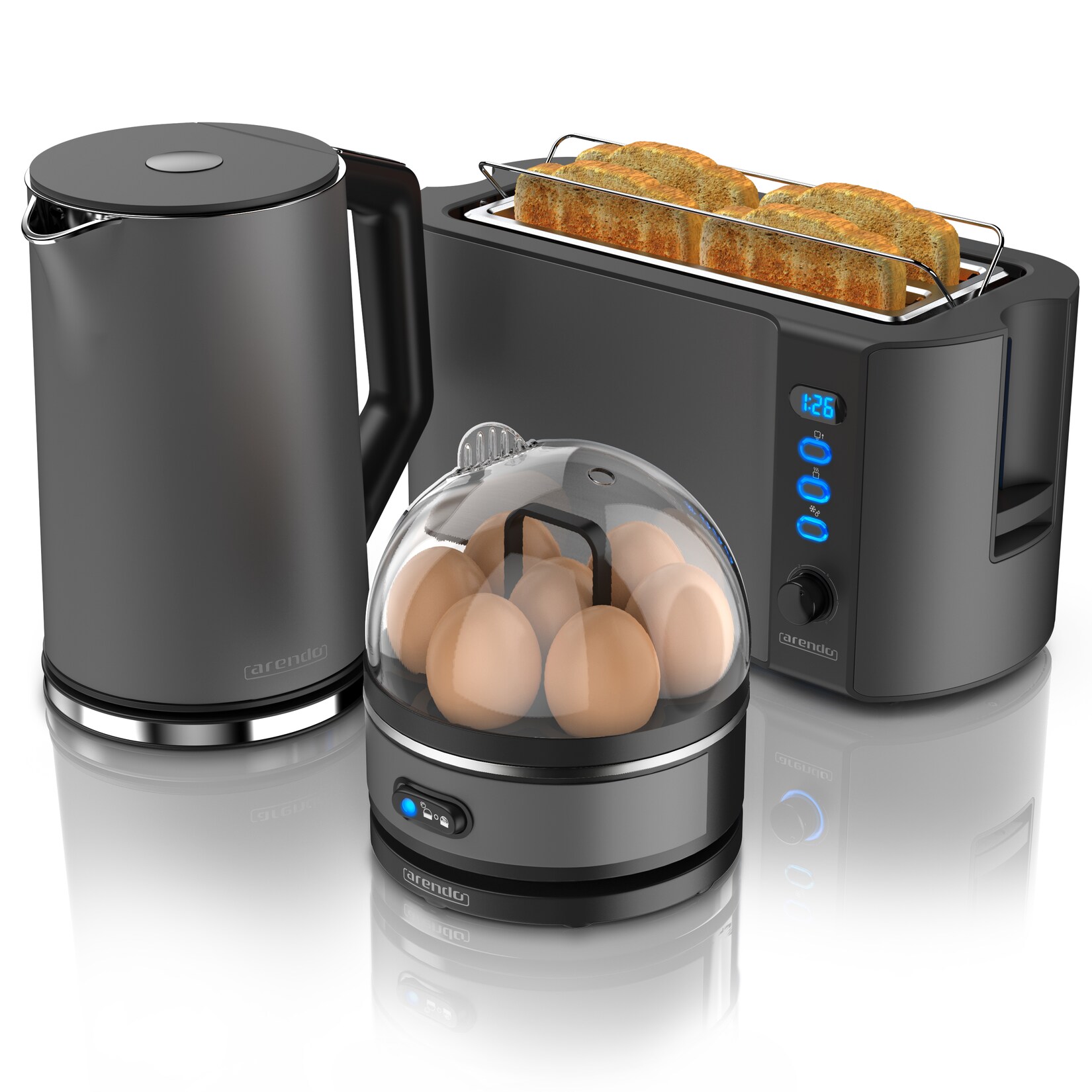 Arendo - Wasserkocher mit Toaster und Eierkocher SET Edelstahl Grau Wasserkocher 1,5L 40° - 100°C, Toaster 4 Scheiben LED-Display 6 …