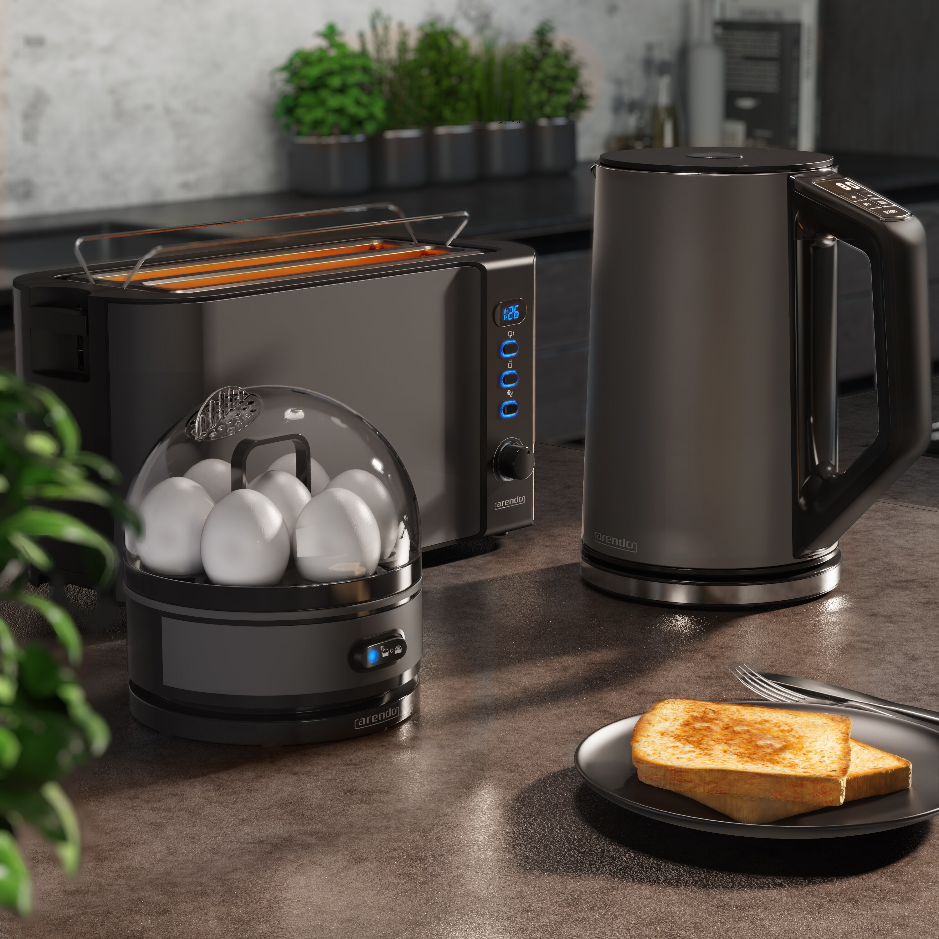 Arendo - Wasserkocher mit Toaster und Eierkocher SET Edelstahl Grau Wasserkocher 1,5L 40°