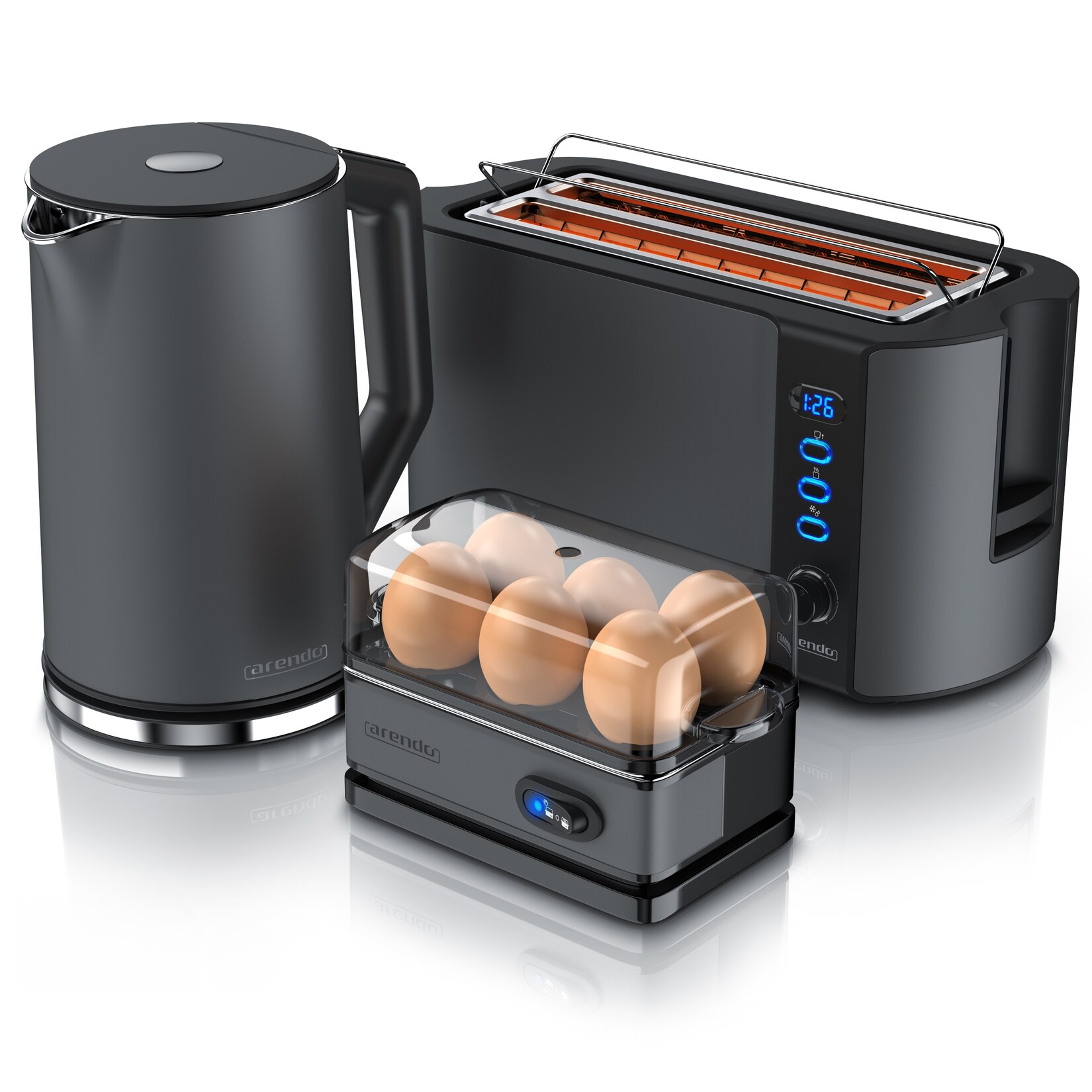 Arendo 3-teiliges Frühstücksset - Wasserkocher 1,5l, 4-Scheiben Toaster, 6er Eierkocher, Grau