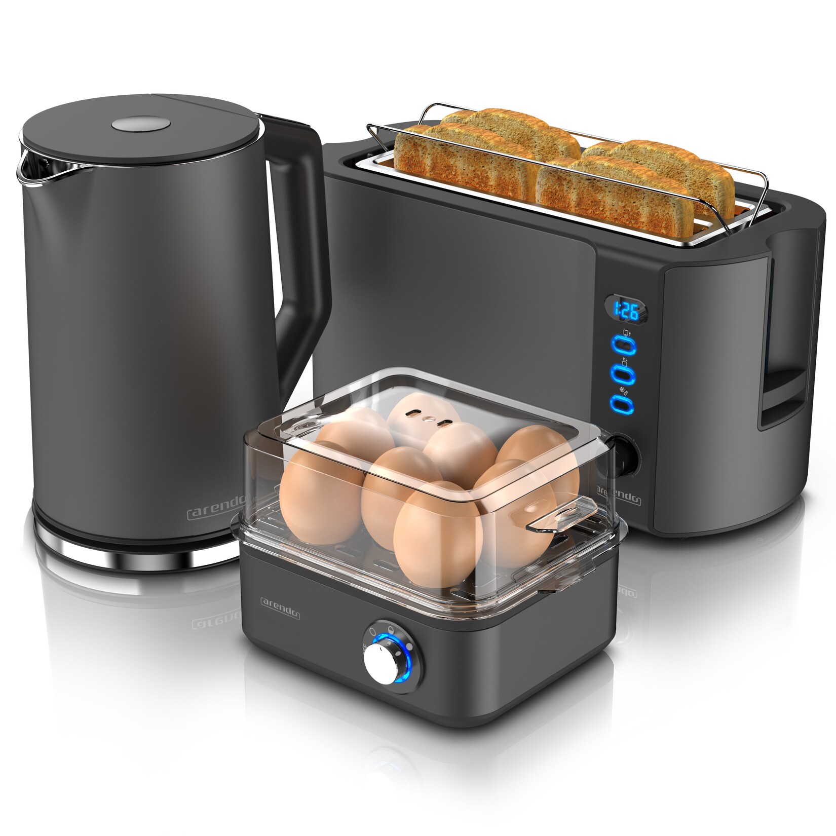 Arendo 3-teiliges Frühstücksset - Wasserkocher 1,5l, 4-Scheiben Toaster, 8er Eierkocher, Grau