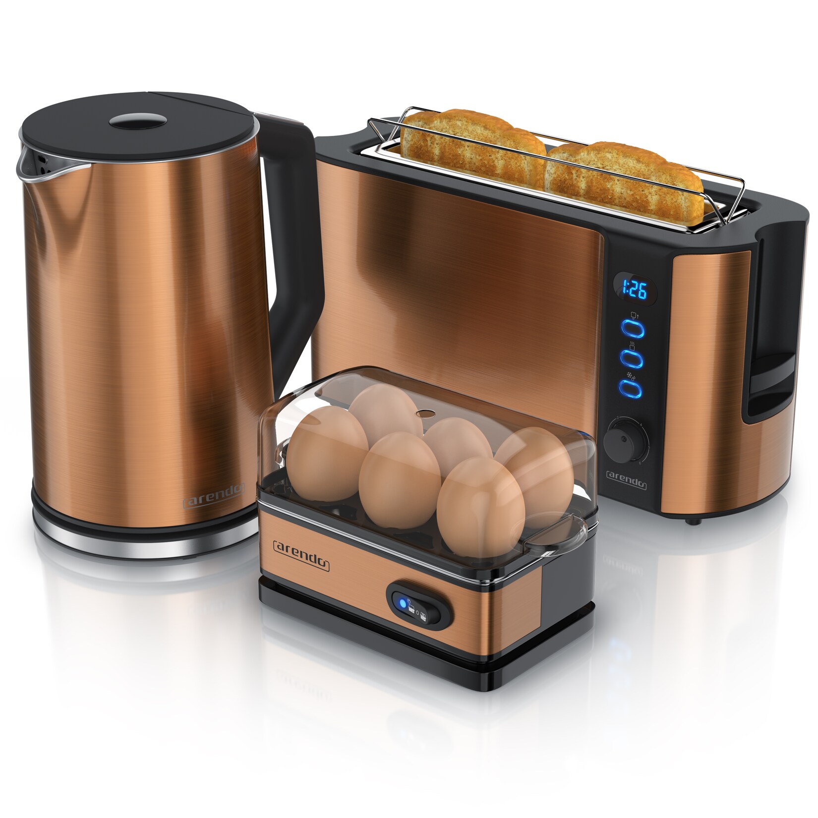Arendo 3-teiliges Frühstücks-Set, 2-Scheiben Langschlitz Toaster, 6er Eierkocher, Wasserkocher 1,5 Liter, Kupfer