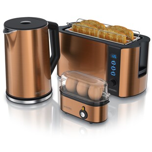 Arendo 3-teiliges Frühstücks-Set, 4 Scheiben Langschlitztoaster, Wasserkocher 1,5l, 3er Eierkocher, Kupfer 