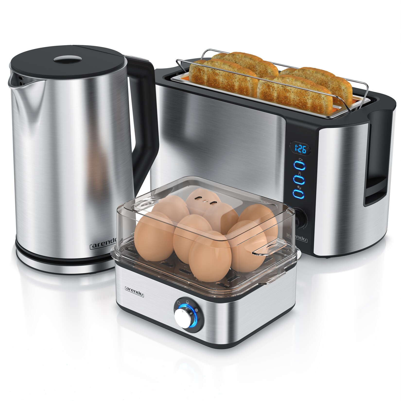Arendo 3-teiliges Frühstücksset, Wasserkocher 1,5L, Langschlitz Toaster 4-Scheiben , 8er Eierkocher, Silber