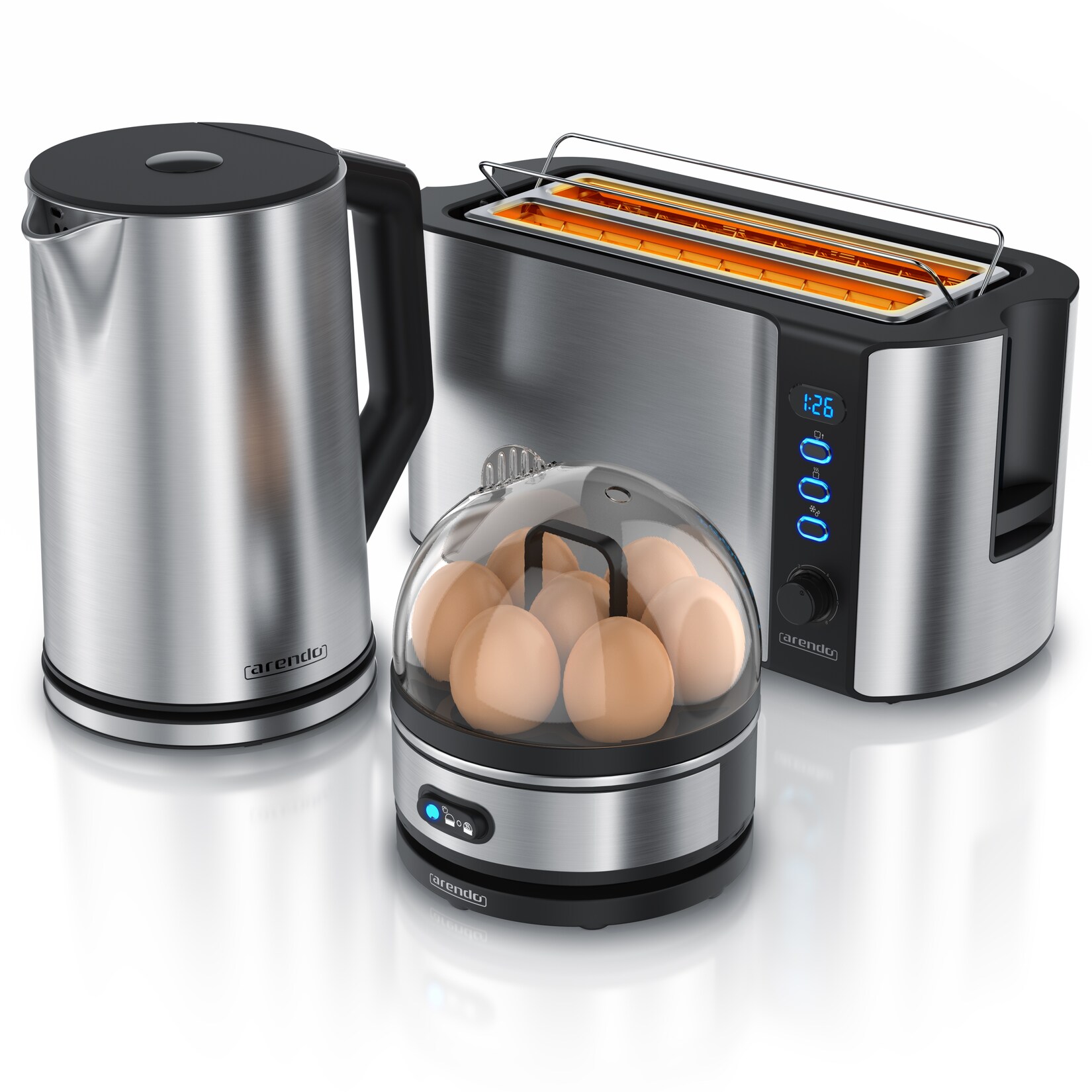 Arendo Frühstücksset 3-teilig, 1,5l Wasserkocher, 4-Scheiben Langschlitz Toaster, 7er Eierkocher, Silber