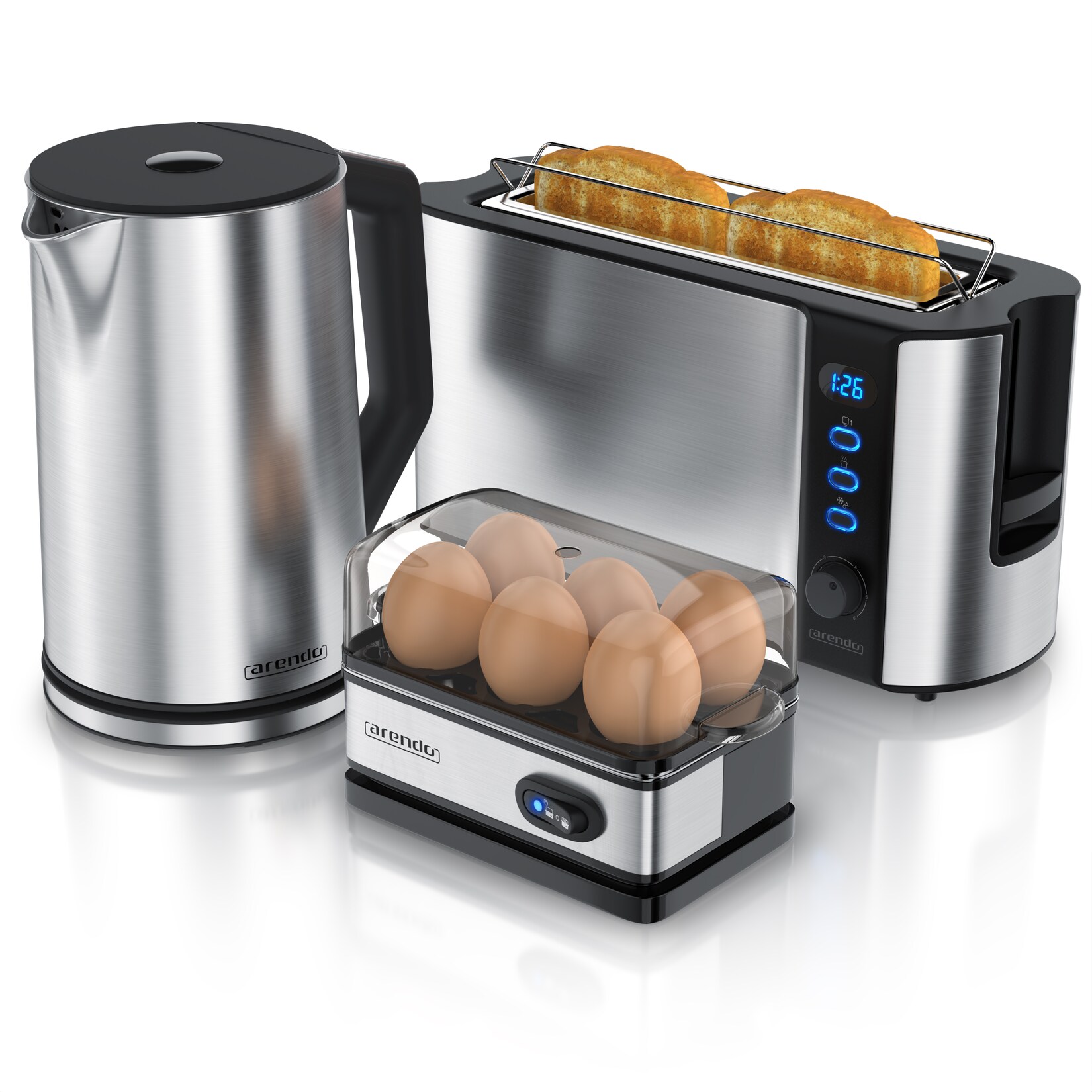 Arendo Frühstücksset 3-teilig, 2-Scheiben Toaster, 6er Eierkocher, Wasserkocher 1,5L, Silber