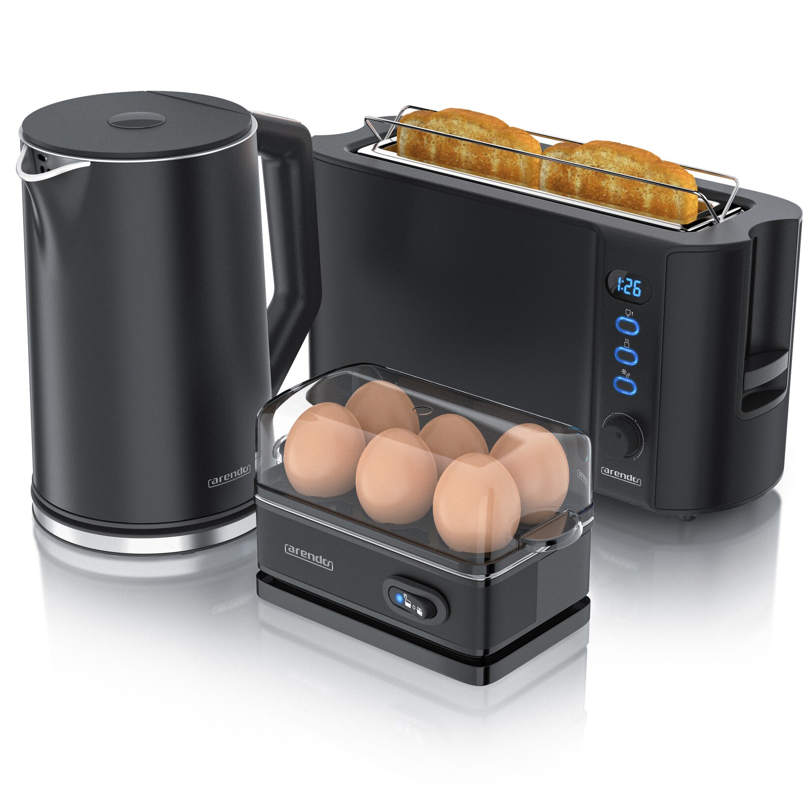 Arendo Frühstücks-Set Wasserkocher 1,5l, 2-Scheiben Toaster, 6er Eierkocher, Schwarz
