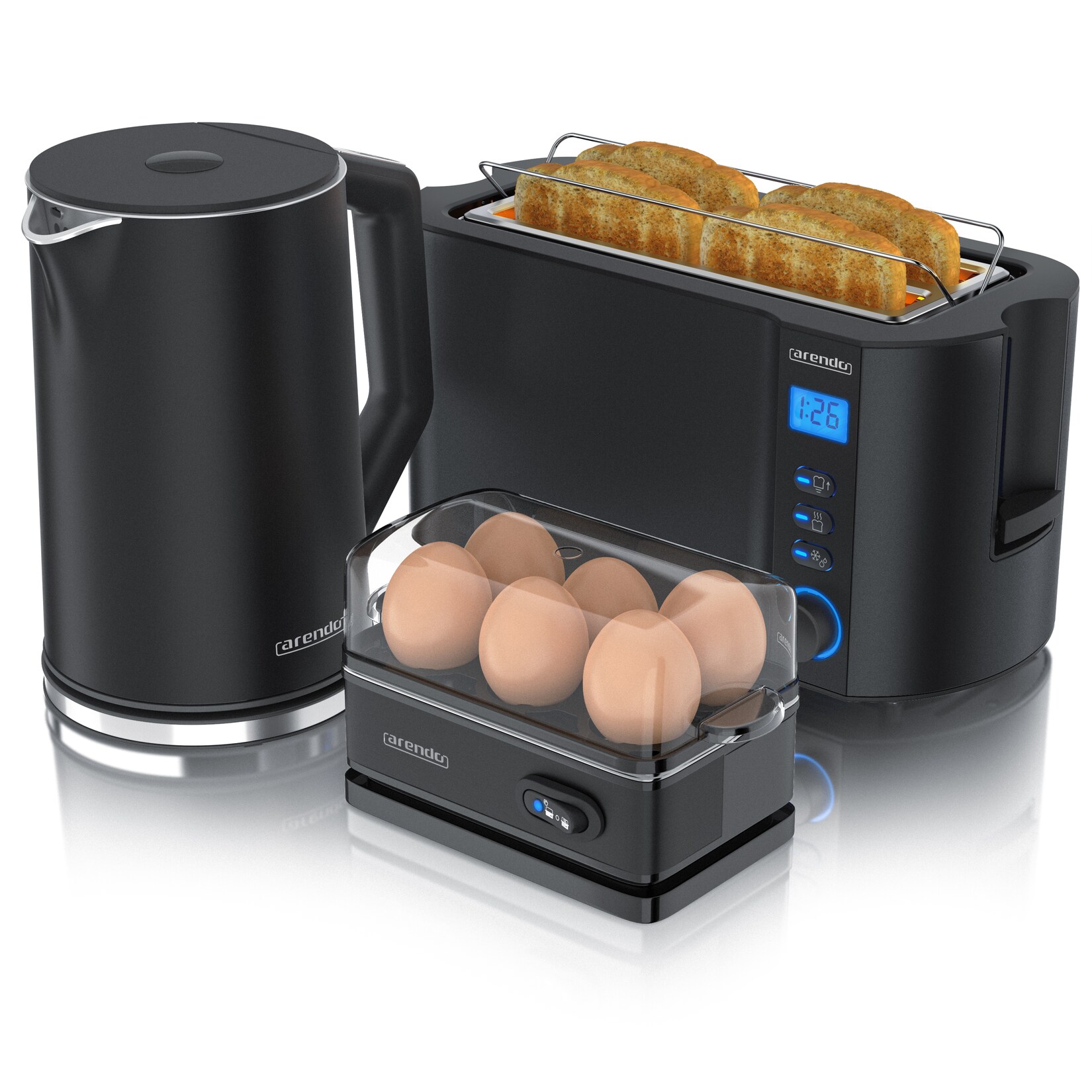 Arendo Frühstücks-Set Wasserkocher 1,5l, 4-Scheiben Toaster, 6er Eierkocher, Schwarz