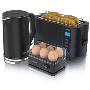 Arendo Frühstücks-Set Wasserkocher 1,5l, 4-Scheiben Toaster, 6er Eierkocher, Schwarz 