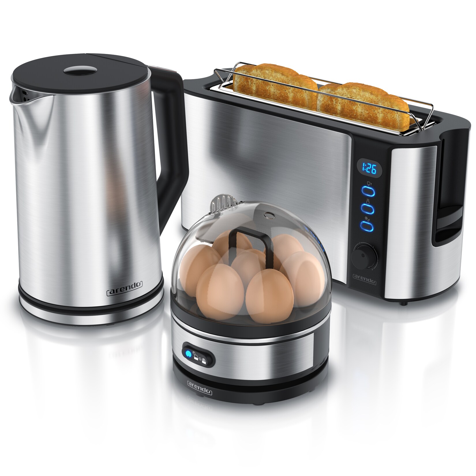 Arendo Frühstücks-Set, 1,5L Wasserkocher, 2-Scheiben Langschlitz Toaster, 7er Eierkocher, Silber