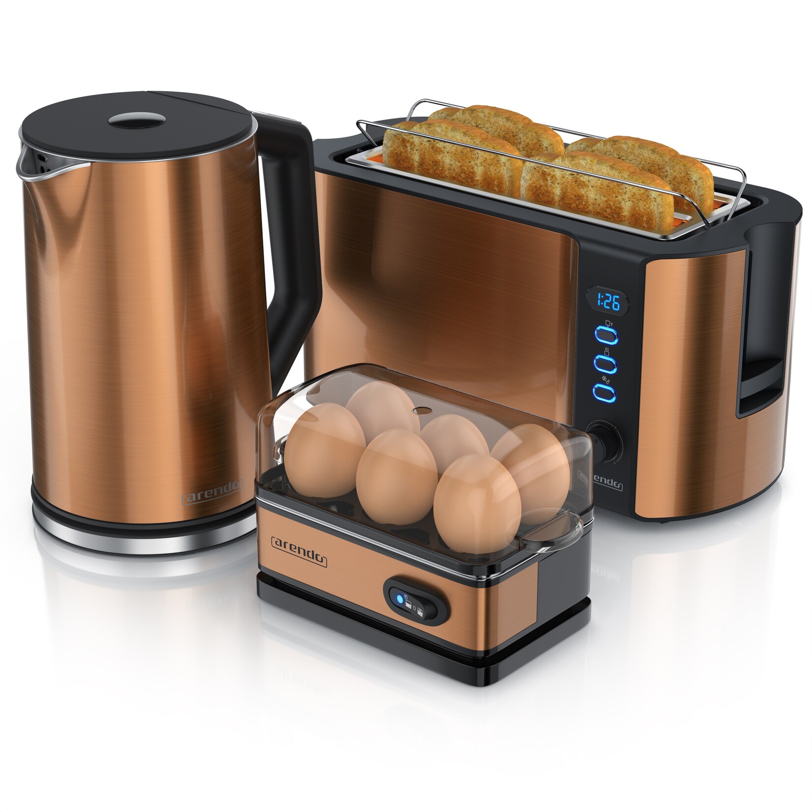 Arendo Frühstücks-Set, 4-Scheiben Langschlitztoaster, Wasserkocher 2200W, 6er Eierkocher, Kupfer
