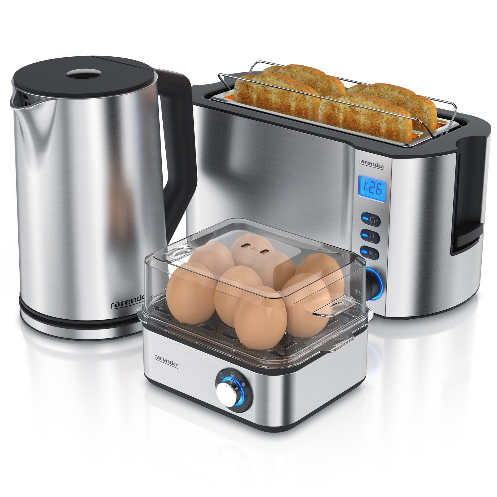 Arendo Frühstücks-Set, 8er Eierkocher EIGHTCOOK, Wasserkocher 1,5l, 4-Scheiben Toaster Langschlitz, Silber