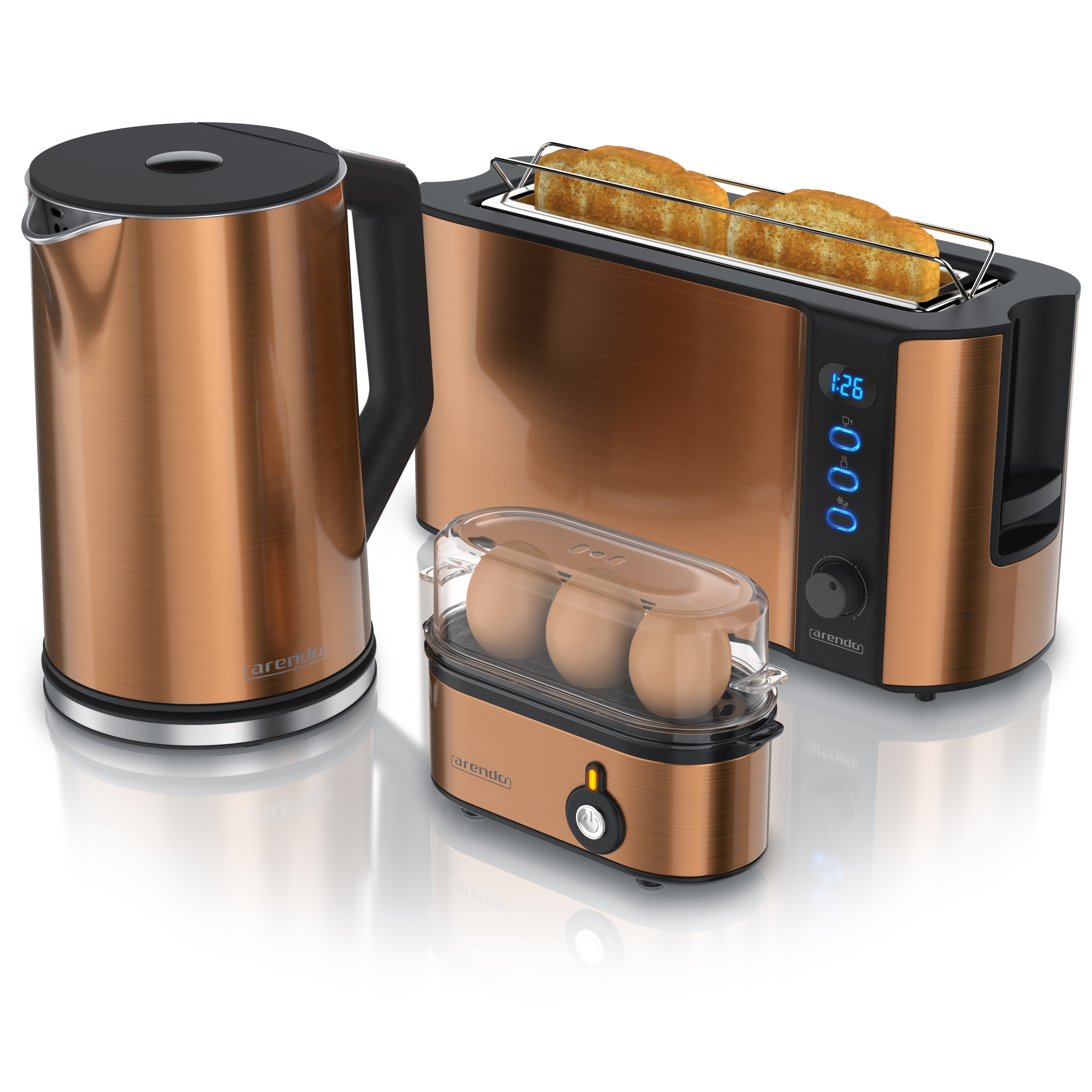 Arendo Fr&uuml;hst&uuml;cksset, Wasserkocher 1,5l, 2-Scheiben Toaster Langschlitz, 3er Eierkocher, Kupfer 
