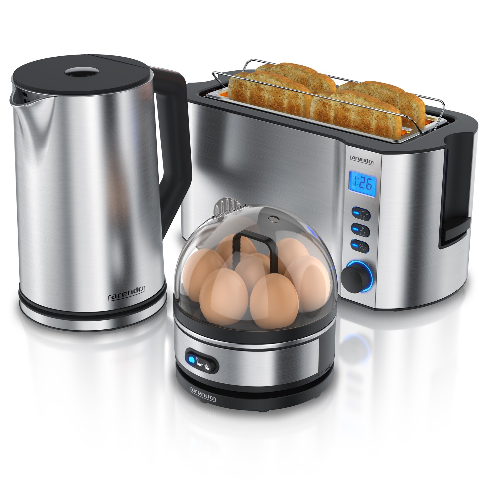 Arendo Frühstücksset, Wasserkocher 1,5l, 4-Scheiben Langschlitztoaster, 7er Eierkocher SEVENCOOK, Silber