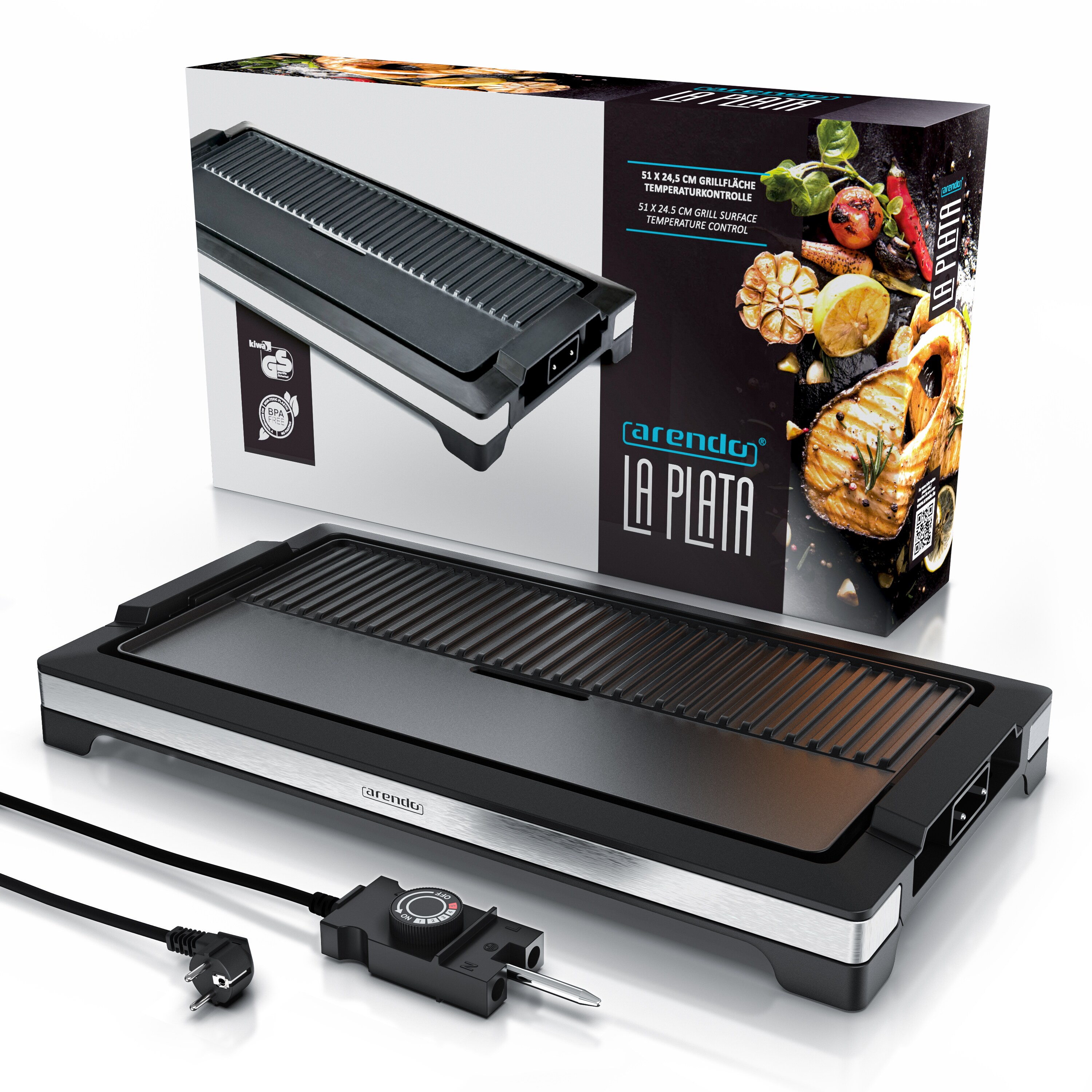 Arendo Tischgrill elektrisch - XXL Elektrogrill Party Grill - abnehmbare Platte - Fettauffangschale