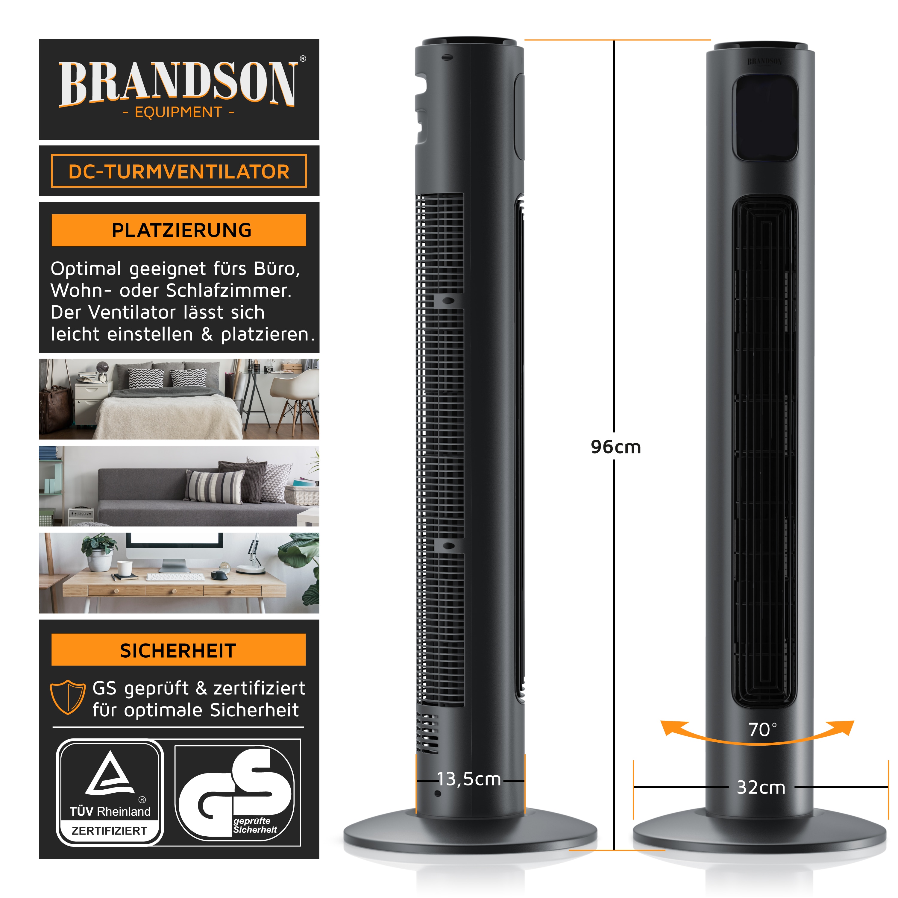 Brandson Turmventilator mit DC-Motor & Fernbedienung, Ventilator, 12 Geschwindigkeiten, ECO Modus, Standventilator mit Timerfunktion, 4 Betriebsmodi 