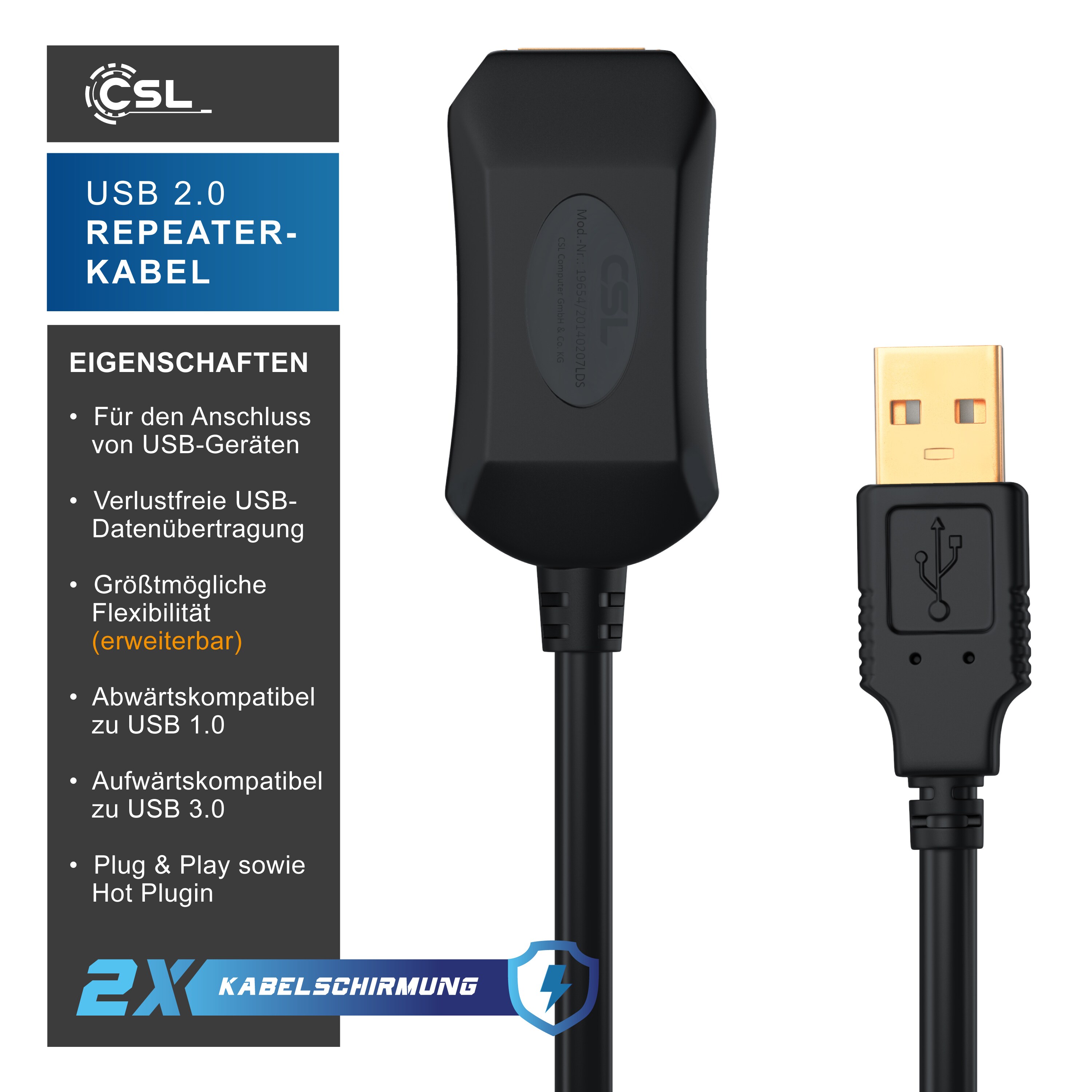 DeleyCON Aktives USB 2.0 Kabel 15m – Mit Signalverstärker Für Drucker & Scanner