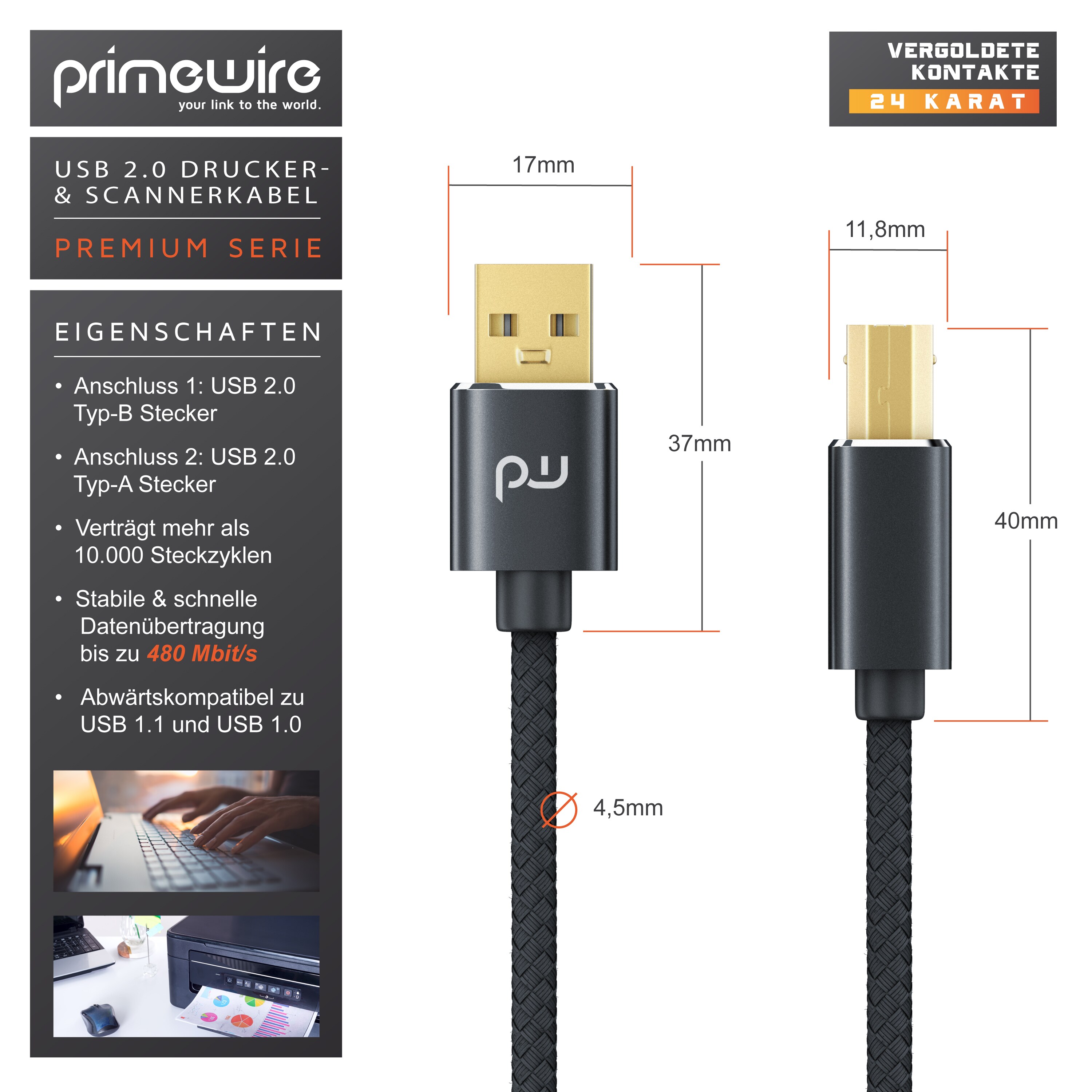 3m Premium USB 2.0 Kabel A Zu B Mit Ferrit Vergoldete