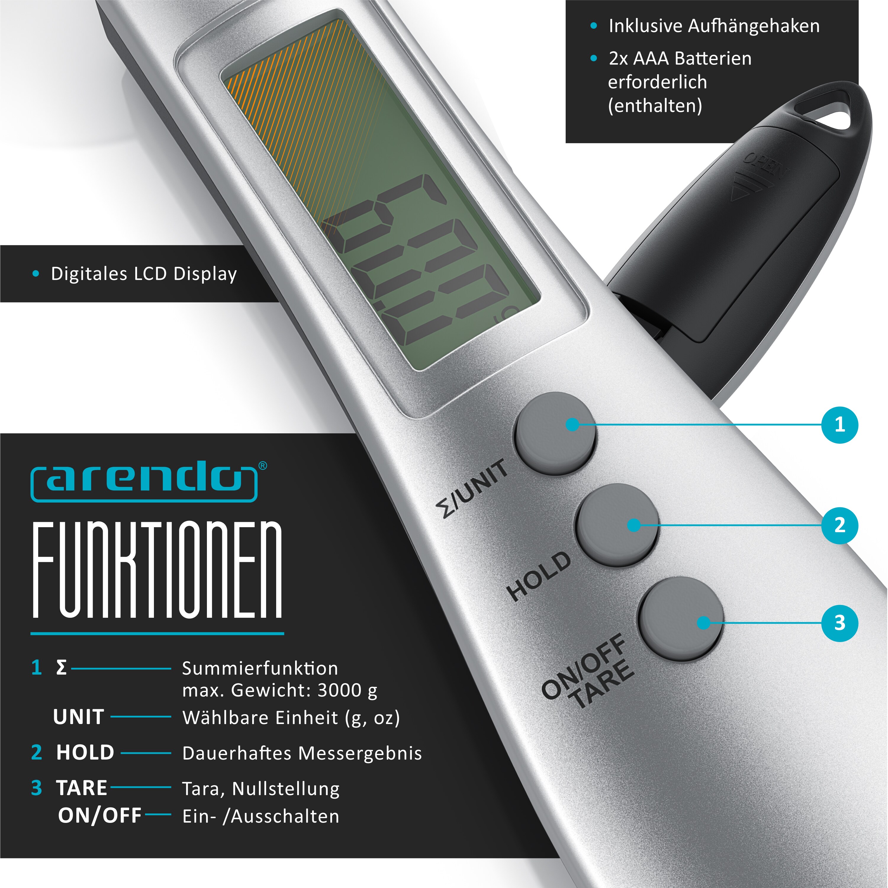 Arendo Löffelwaage digital 0,1g - Küchenwaage Feinwaage - LCD-Anzeige - Digitalwaage - Professionelles Küchenzubehör