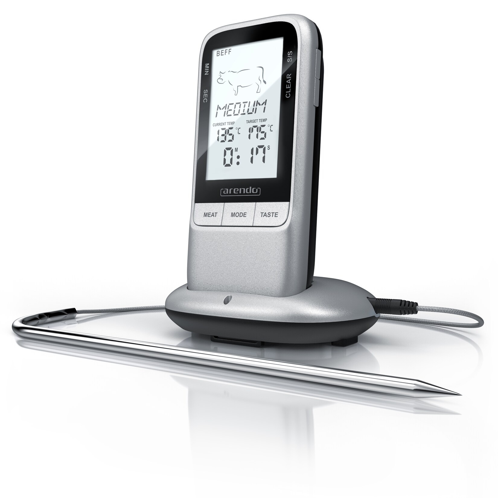 Grillthermometer digital Funk Kabellos - Fleischthermometer mit Edelstahlsonde - Kerntemperatur - Alarm - BBQ Steak Grill Meat Fleisch