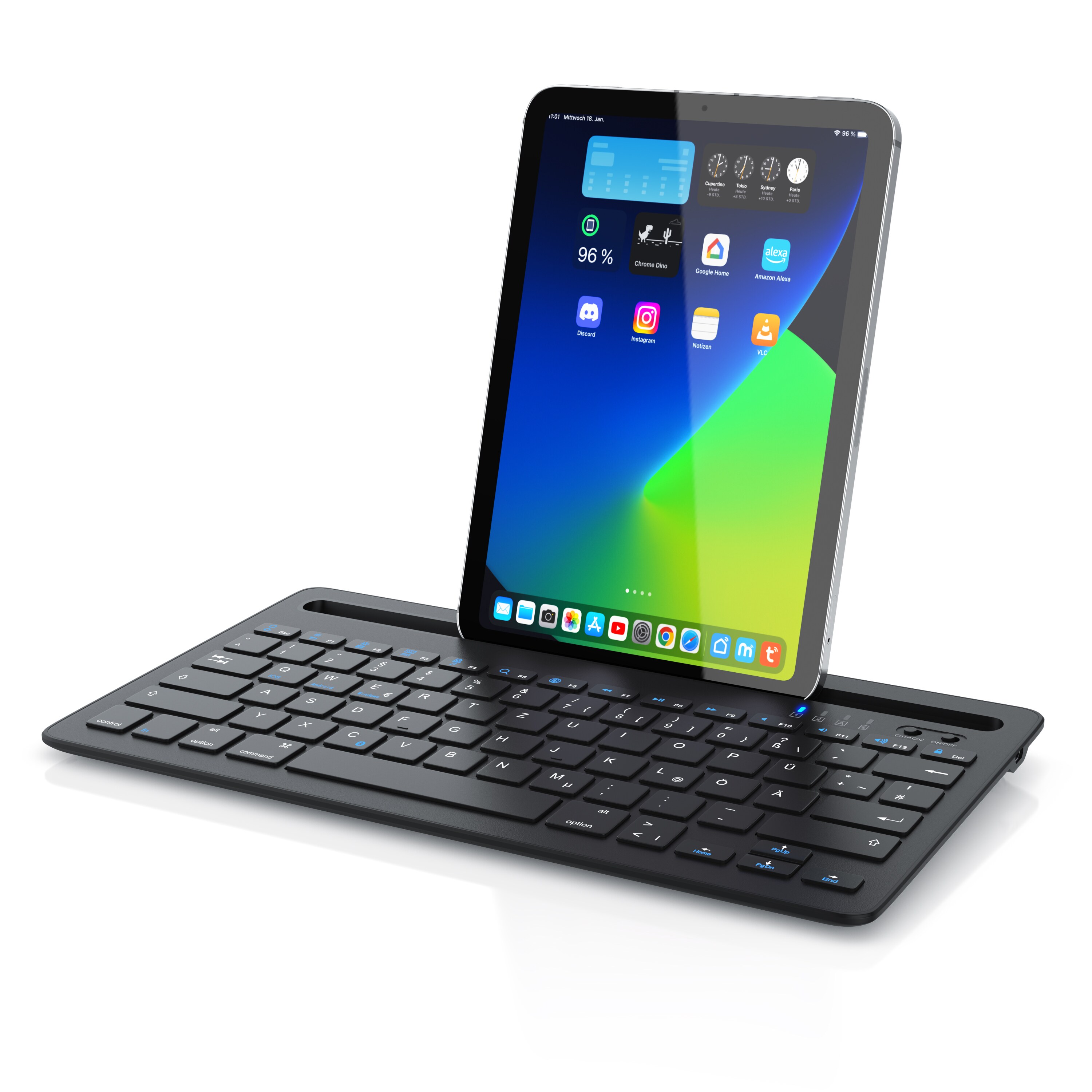 Aplic Bluetooth Tastatur mit Tablet Halterung f&uuml;r iOS, Android, Windows QWERTZ Layout / mit Akku 