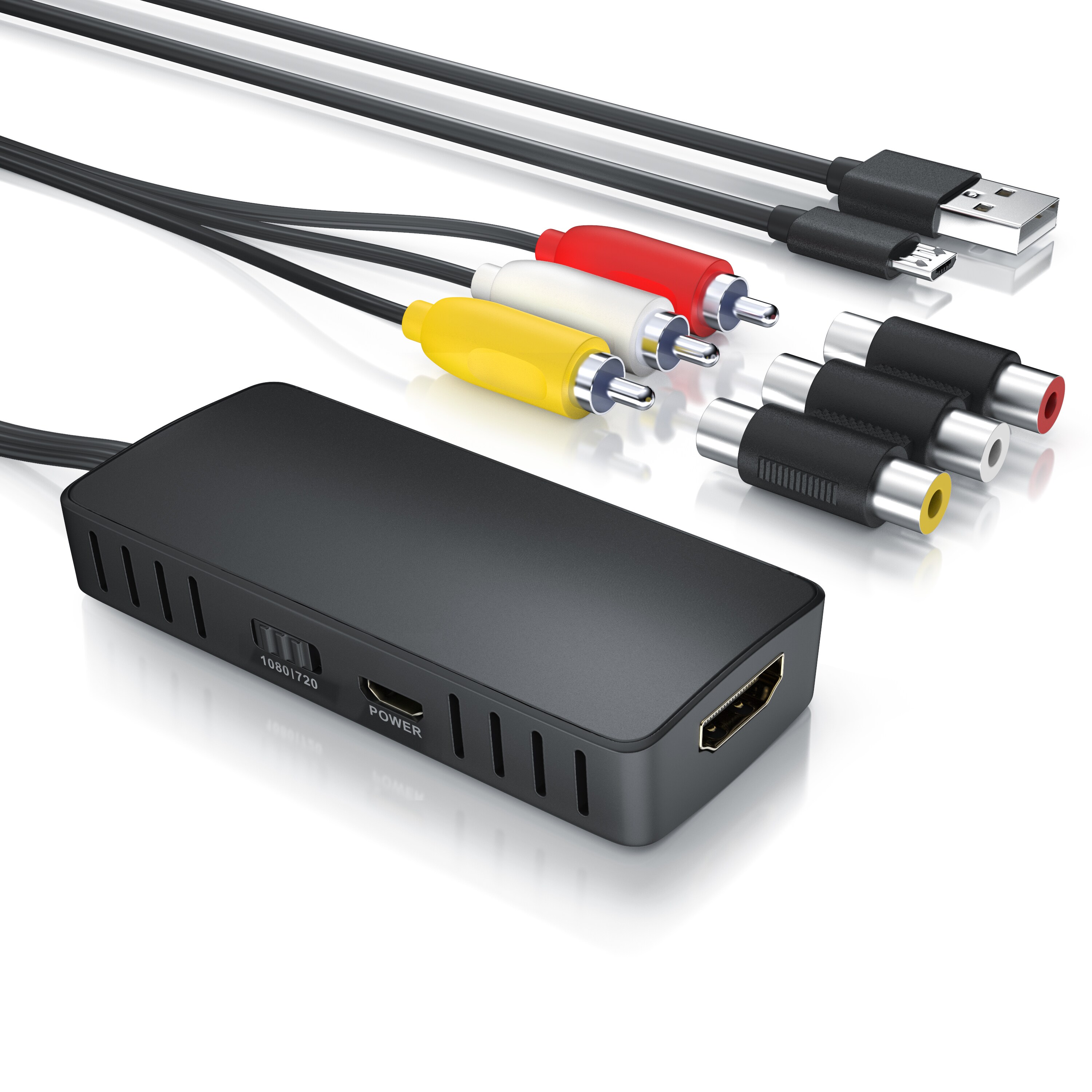CSL RCA auf HDMI Konverter, AV Composite Adapter, kompatibel zu Pal und NTSC, Ausgabe 720p und 1080p FullHD, Ladekabel, f&uuml;r Videokameras Videorekorder 