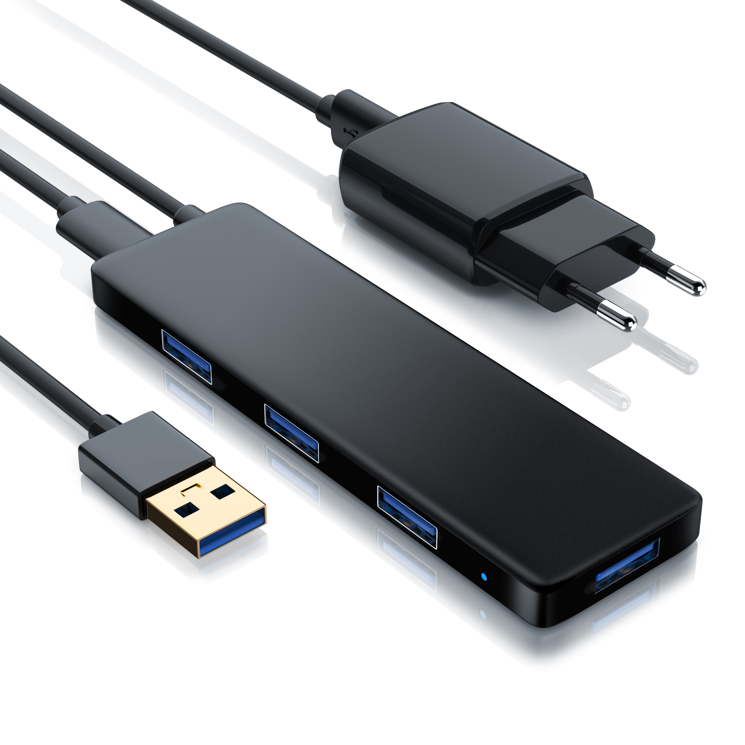 Primewire USB 3.2 Hub mit Netzteil, Ultra Slim 4-Port Verteiler, Datenhub f&uuml;r PC PS4 Notebook Netbook Laptop Ultrabook Tablet-PC MacBook, Bus-Powered 